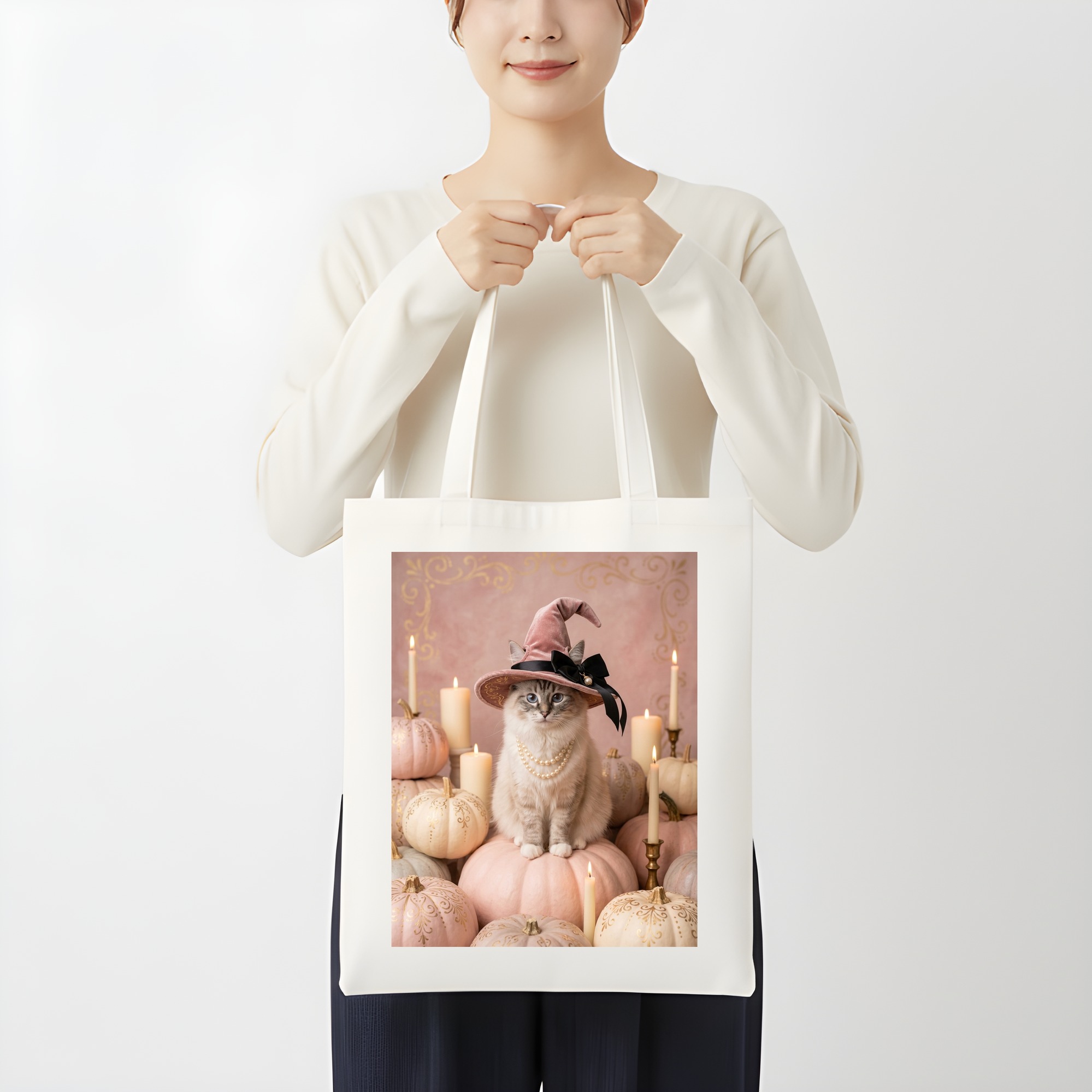 ラグドールのかぼちゃとキャンドルの油絵風アートハロウィントートバッグ（3枚目）