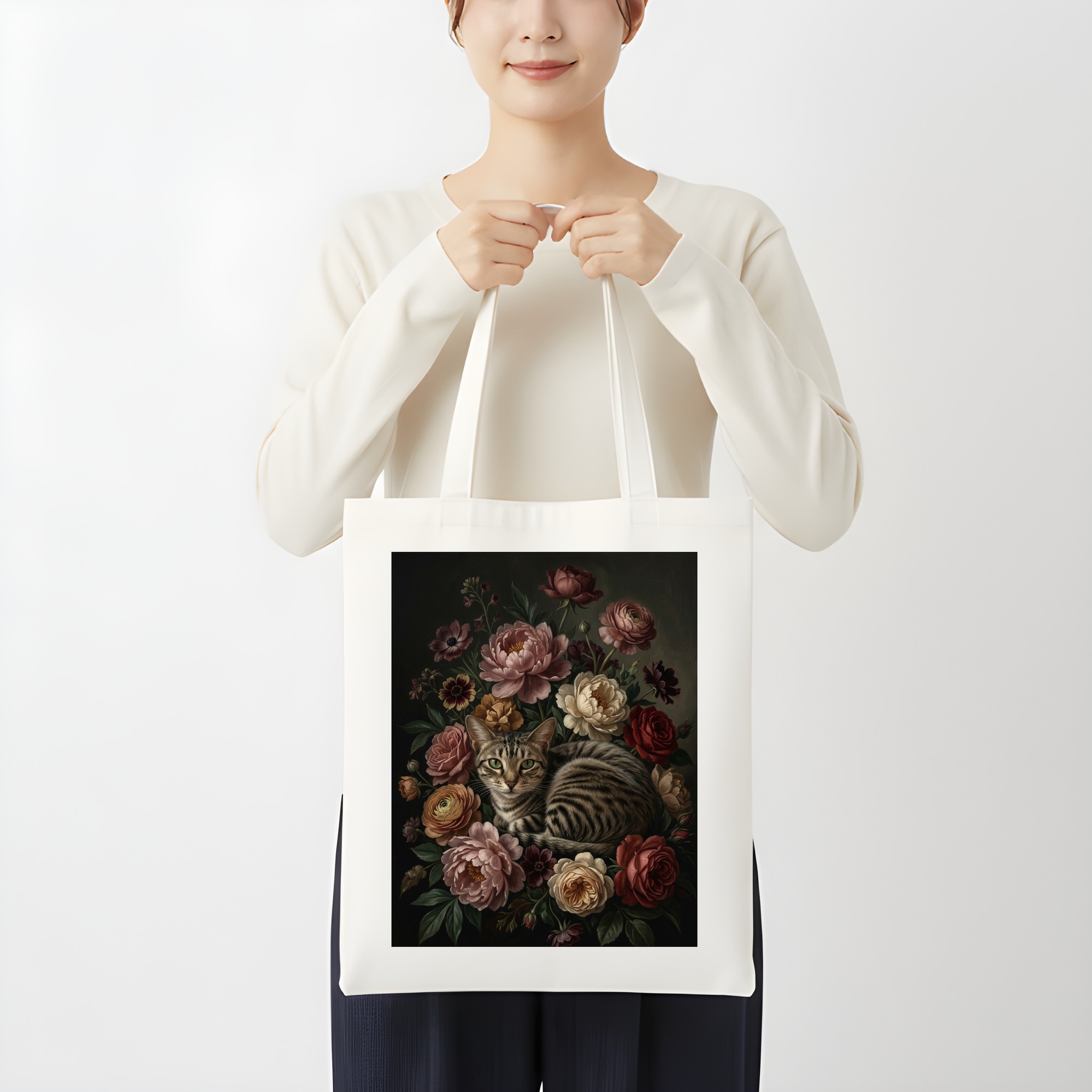 アメリカンショートヘアの花の油絵風アート花柄トートバッグ(3枚目)