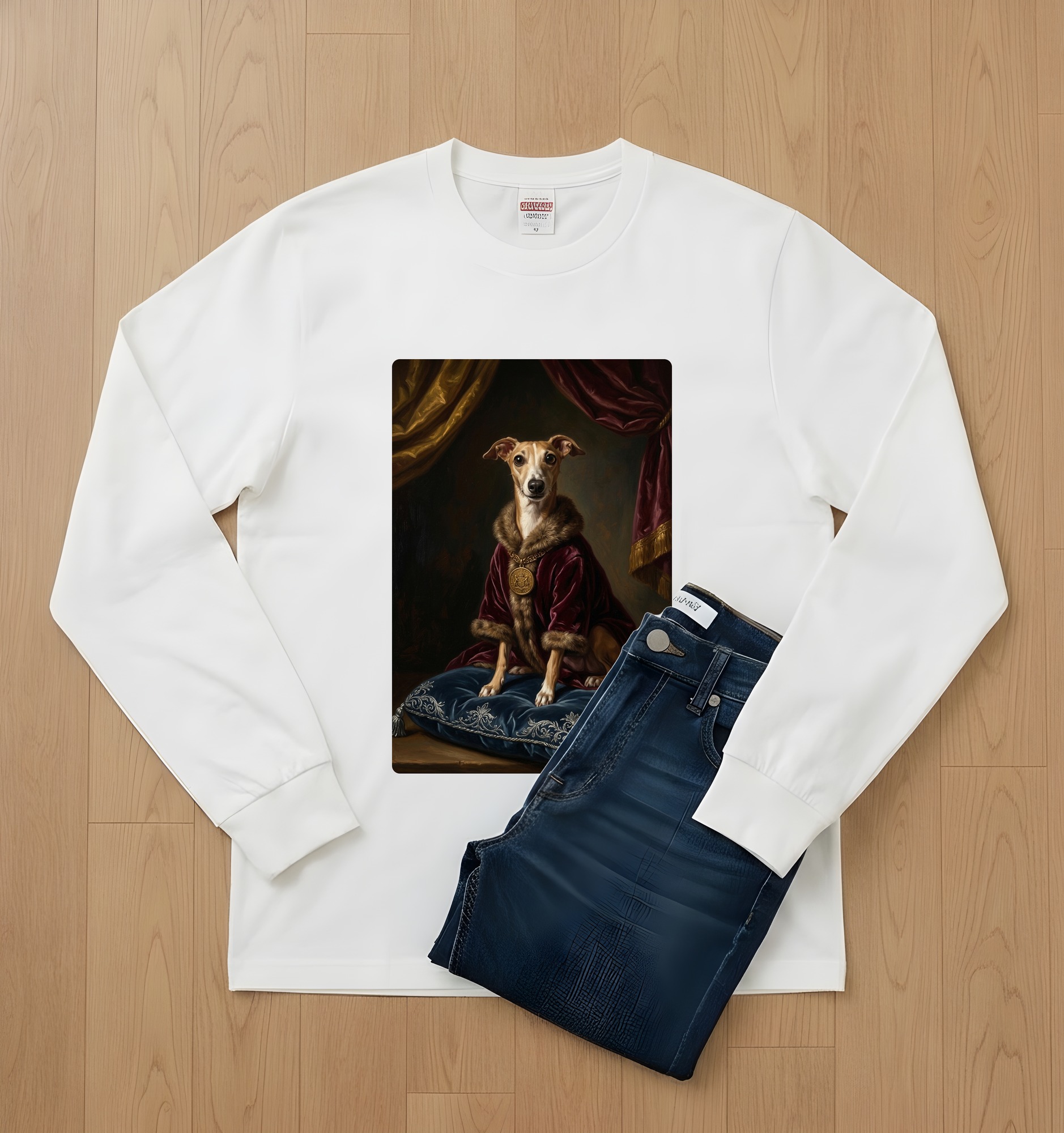 イタリアングレーハウンドのルネサンス肖像画長袖Tシャツ(ホワイト)(2枚目)