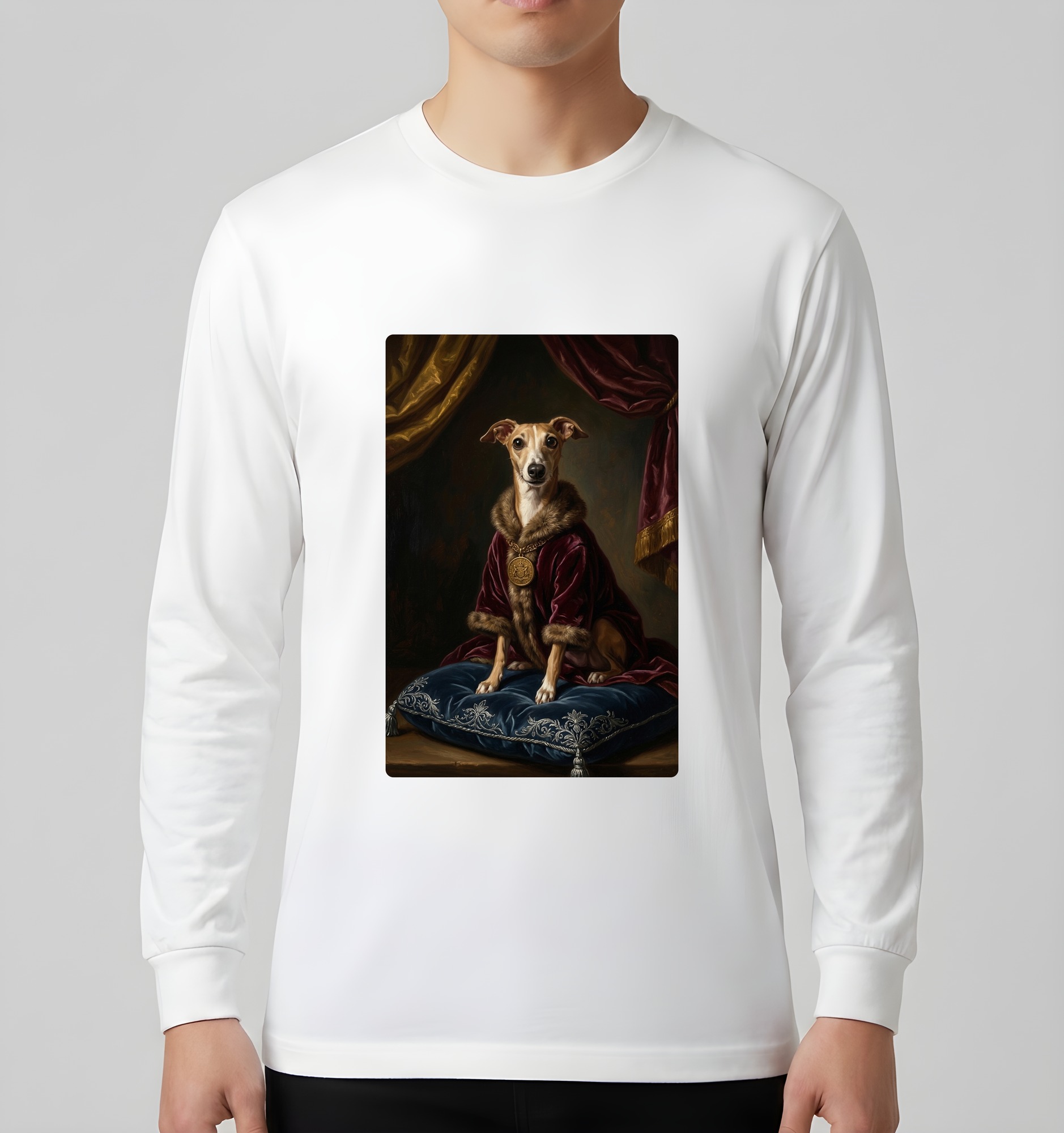 イタリアングレーハウンドのルネサンス肖像画長袖Tシャツ(ホワイト)(3枚目)