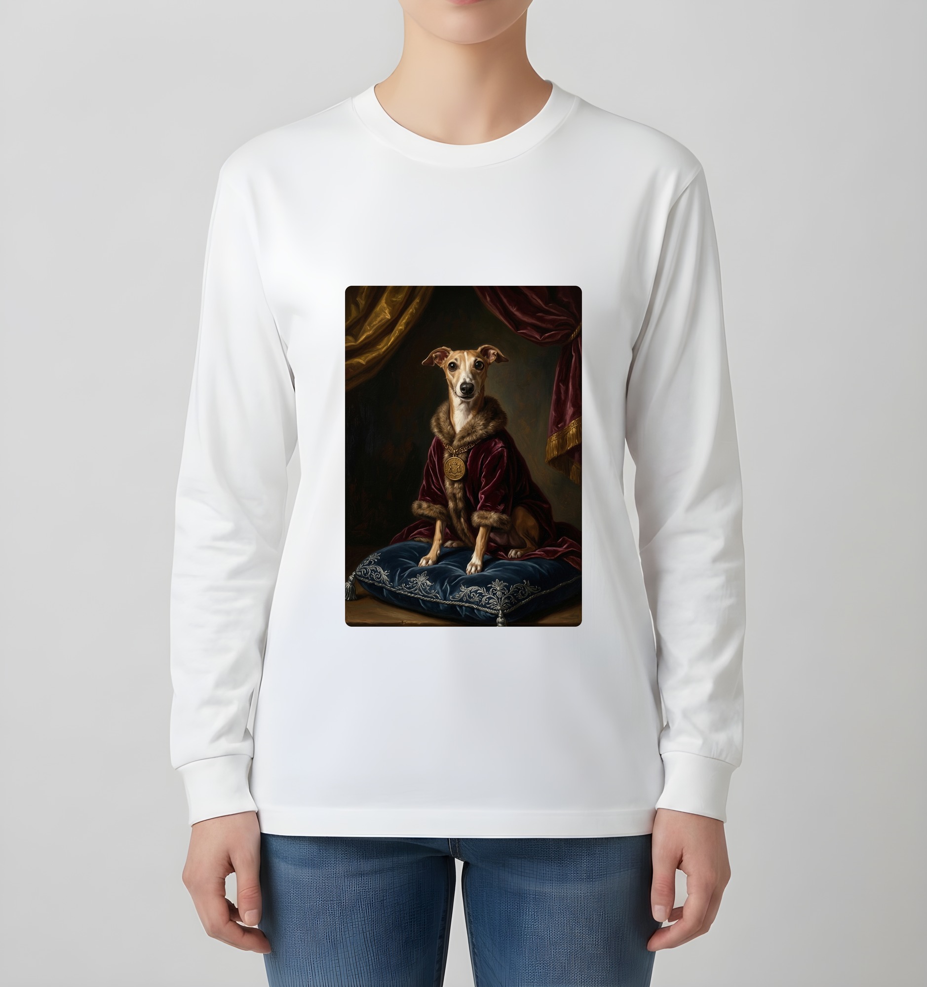 イタリアングレーハウンドのルネサンス肖像画長袖Tシャツ(ホワイト)(4枚目)