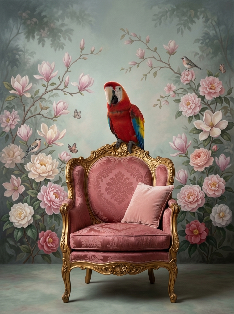 コンゴウインコのシャビーピンクの油絵風アートロココ調額装プリント（A3サイズ）（4枚目）