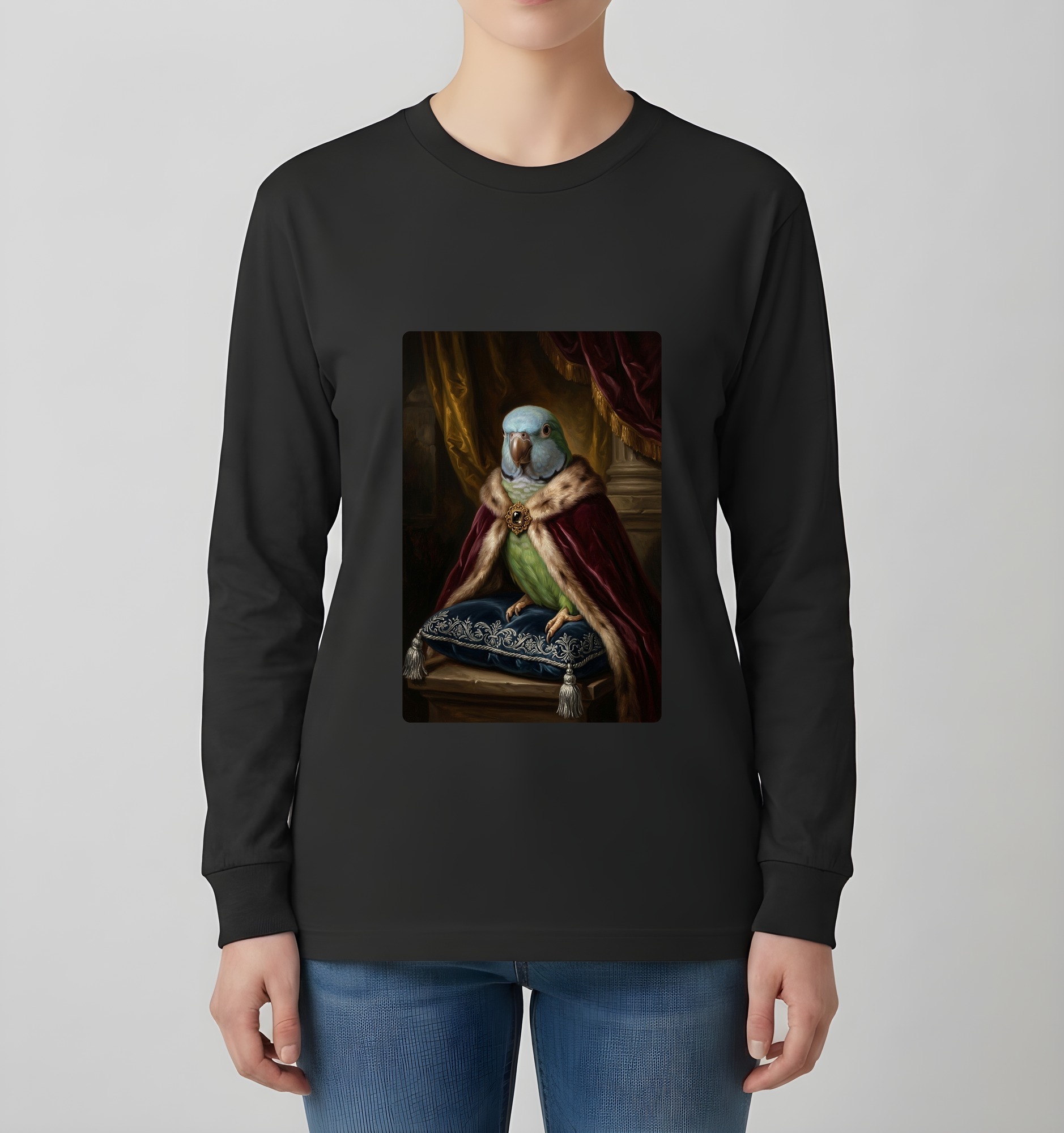 ダルマインコのルネサンス肖像画長袖Tシャツ(ブラック)(4枚目)