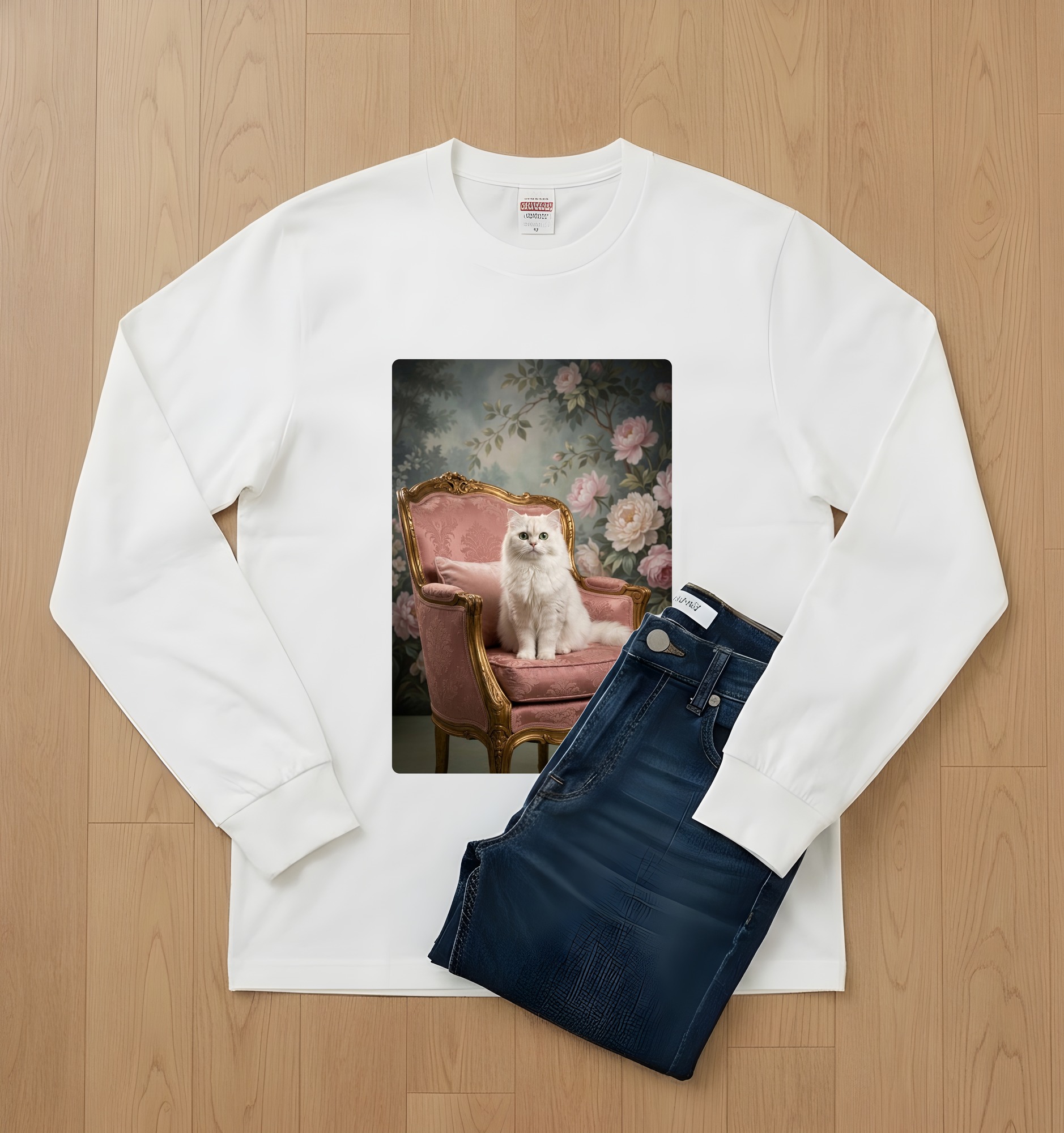 チンチラペルシャのシャビーピンクの油絵風アートロココ調長袖Tシャツ(ホワイト)(2枚目)