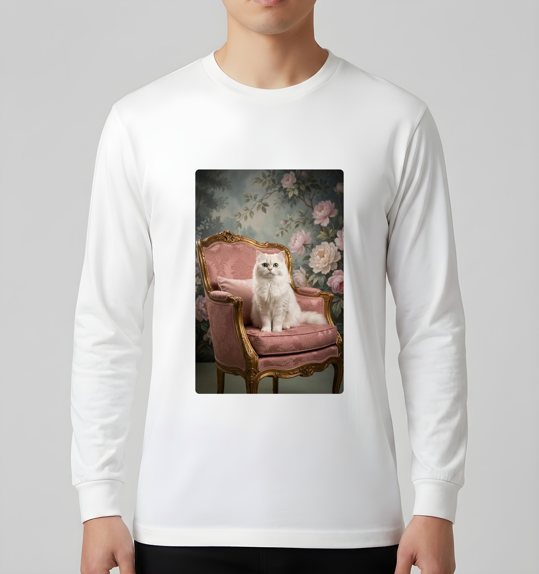 チンチラペルシャのシャビーピンクの油絵風アートロココ調長袖Tシャツ(ホワイト)(3枚目)