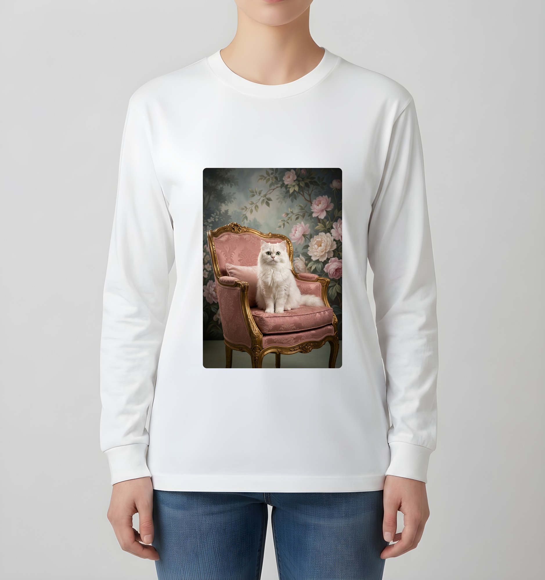 チンチラペルシャのシャビーピンクの油絵風アートロココ調長袖Tシャツ(ホワイト)(4枚目)