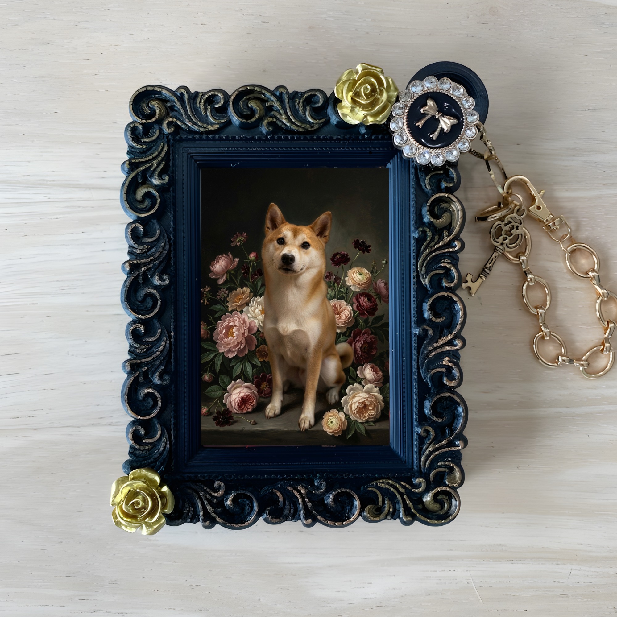 柴犬の花の油絵風アート花柄バッグチャーム(ブラック)