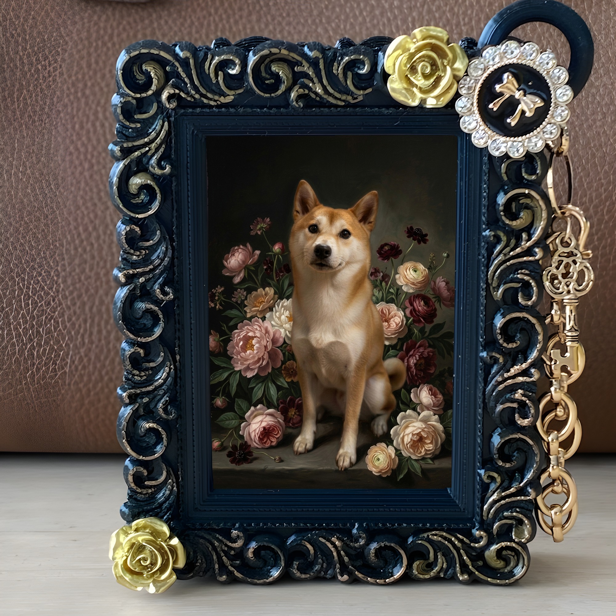 柴犬の花の油絵風アート花柄バッグチャーム(ブラック)(2枚目)