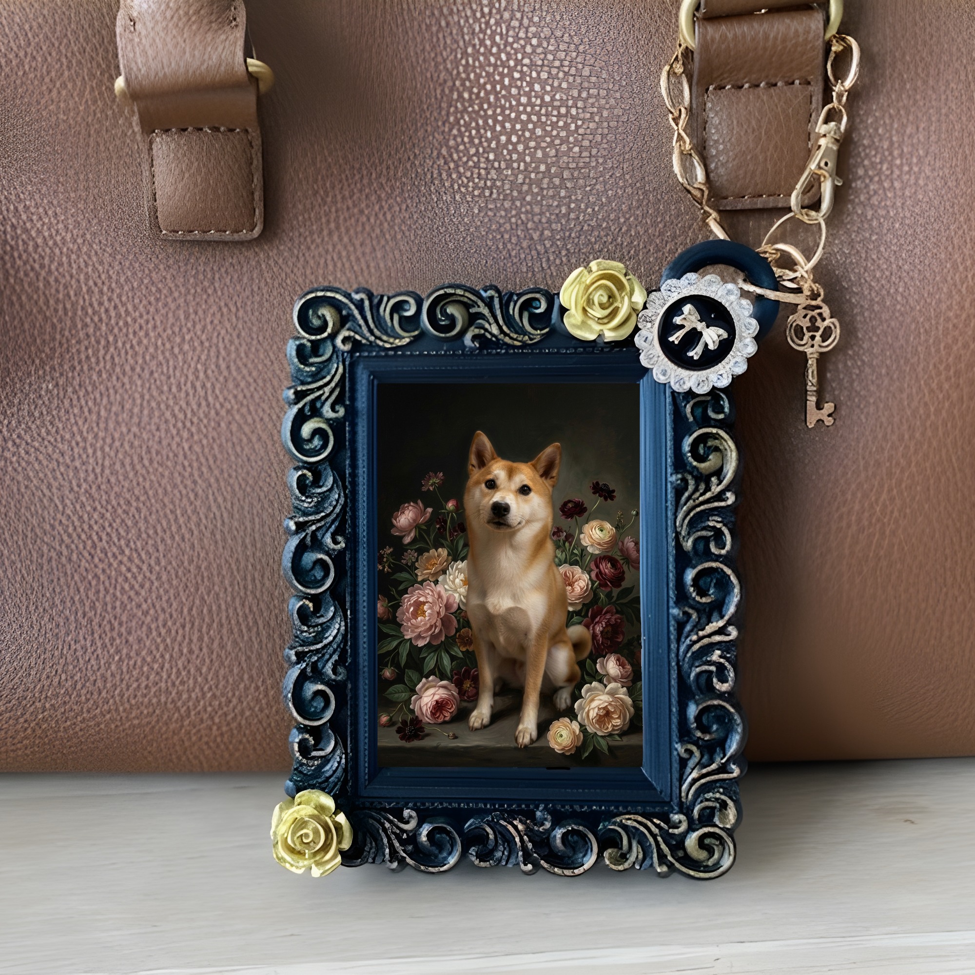 柴犬の花の油絵風アート花柄バッグチャーム(ブラック)(3枚目)