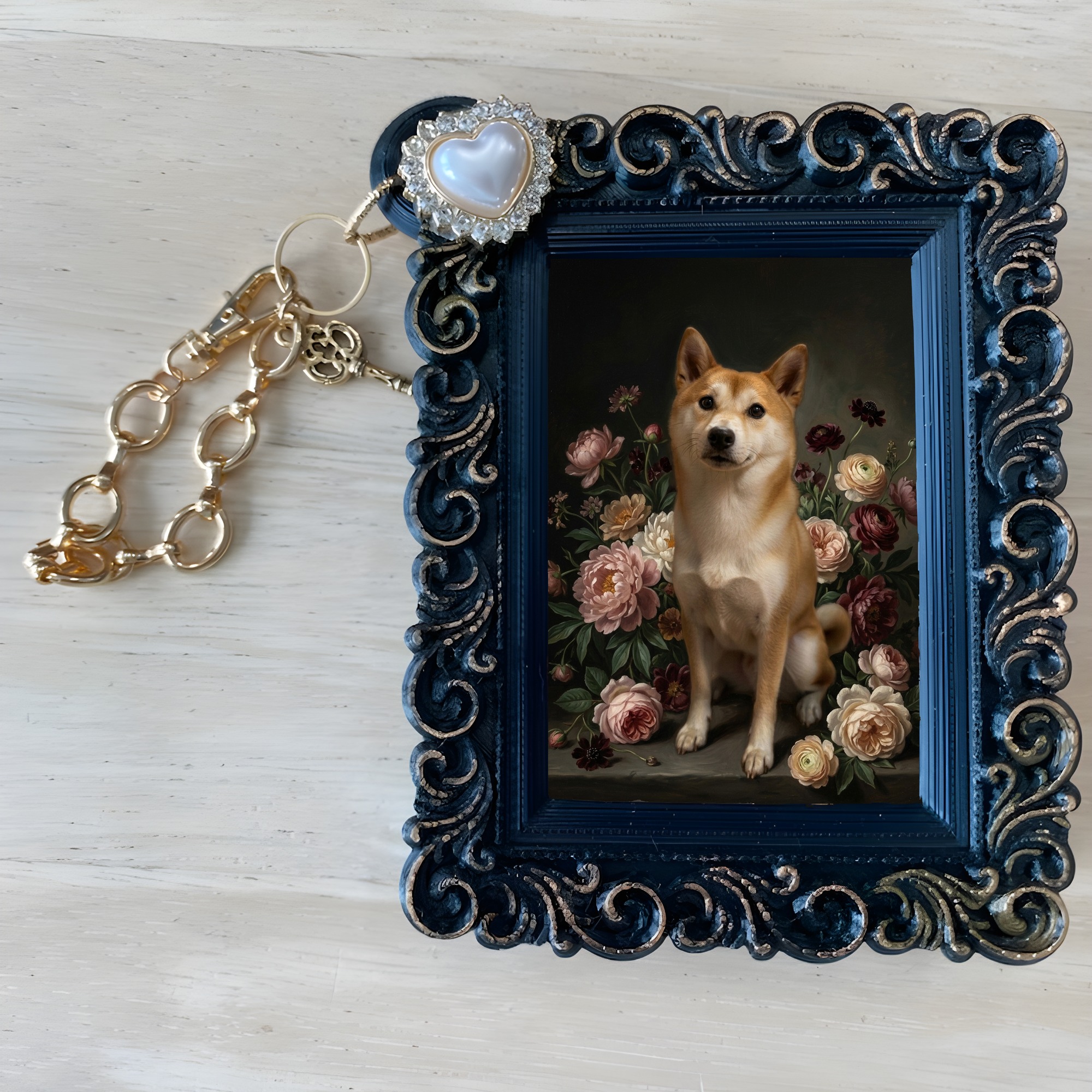 柴犬の花の油絵風アート花柄バッグチャーム(ブラック)(4枚目)