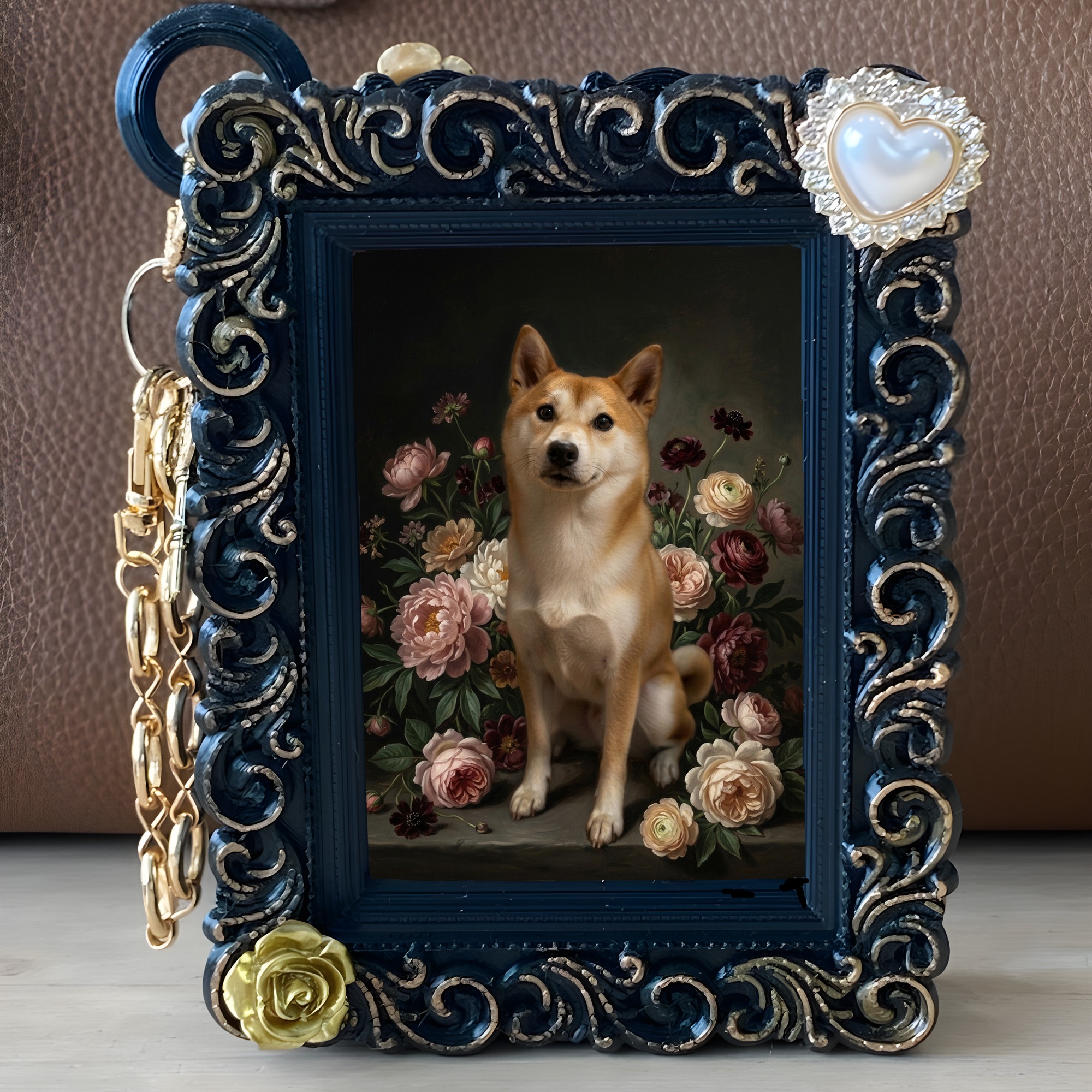 柴犬の花の油絵風アート花柄バッグチャーム(ブラック)(5枚目)