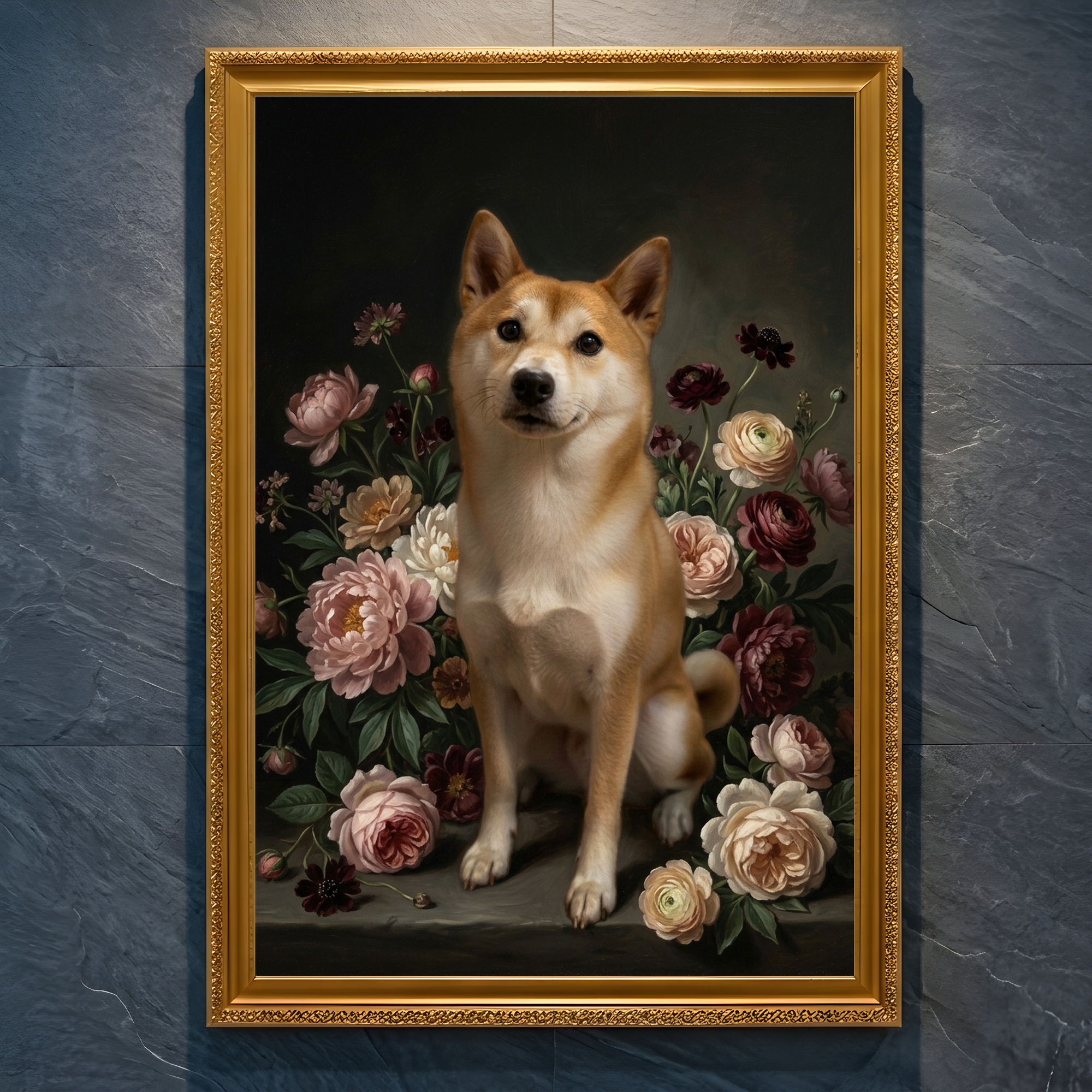 柴犬の花の油絵風アート花柄額装プリント(A4金縁)