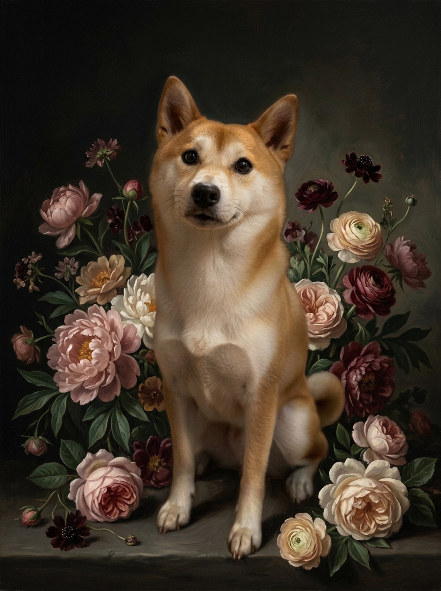 柴犬の花の油絵風アート花柄額装プリント(A4金縁)(4枚目)