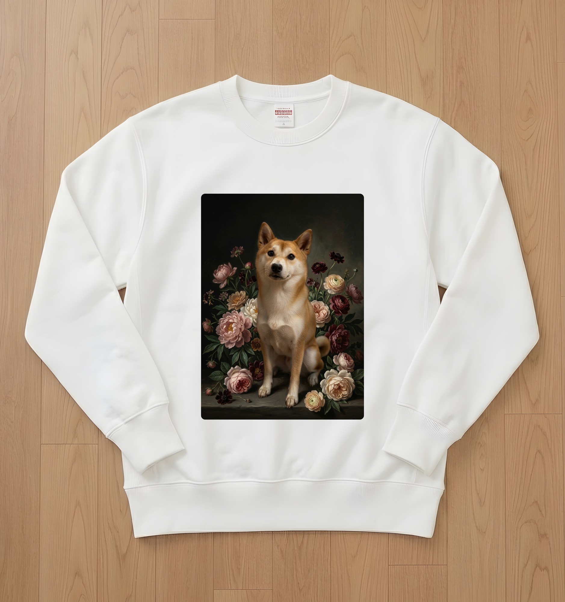 柴犬の花の油絵風アート花柄トレーナー(ホワイト)