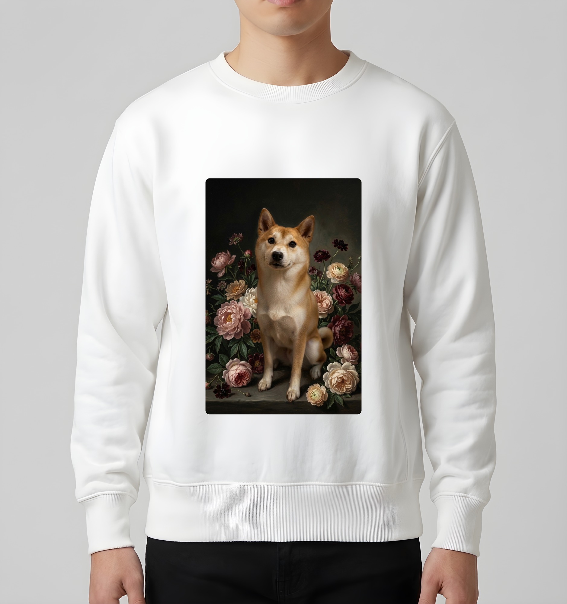 柴犬の花の油絵風アート花柄トレーナー(ホワイト)(3枚目)