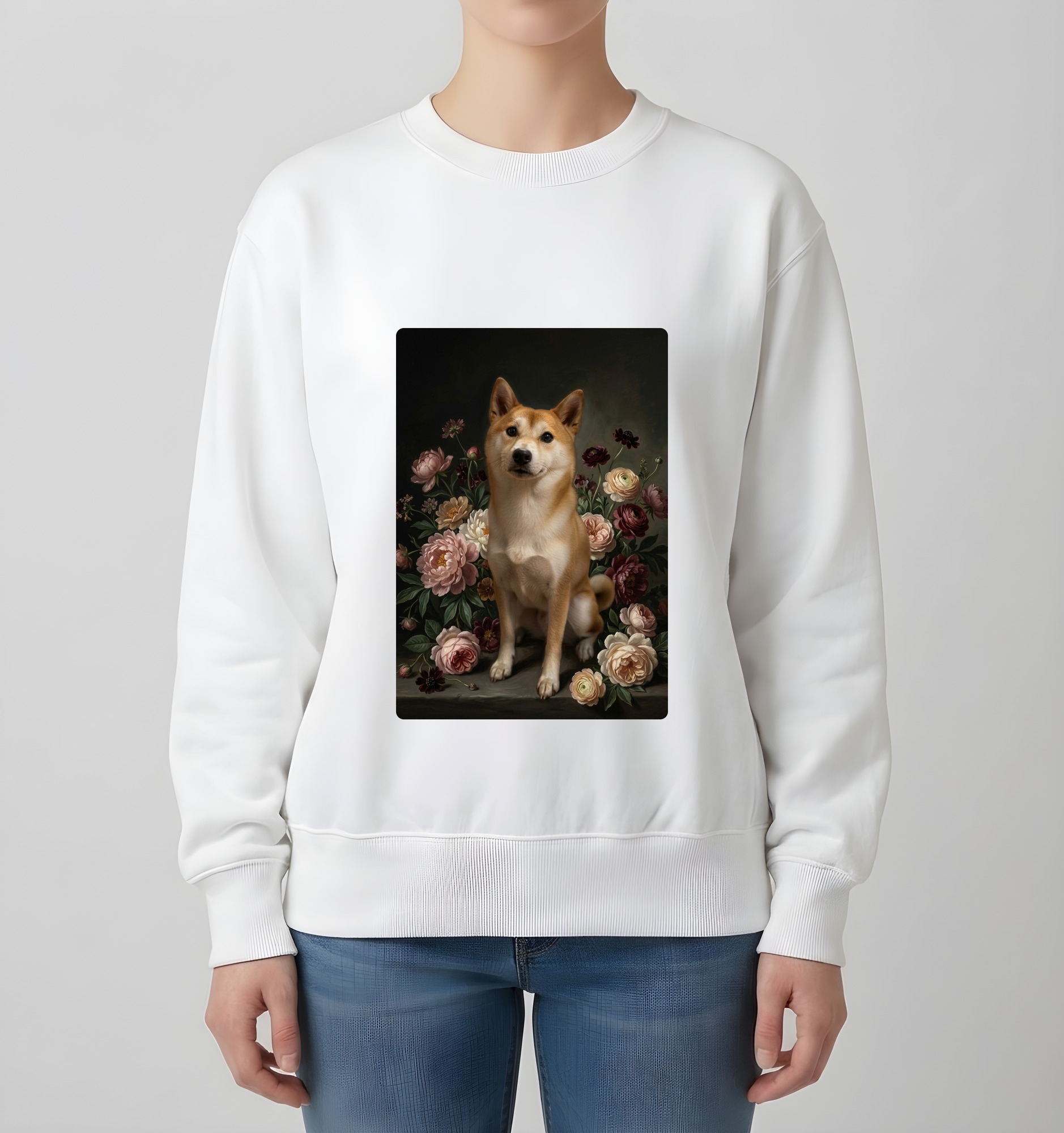 柴犬の花の油絵風アート花柄トレーナー(ホワイト)(4枚目)