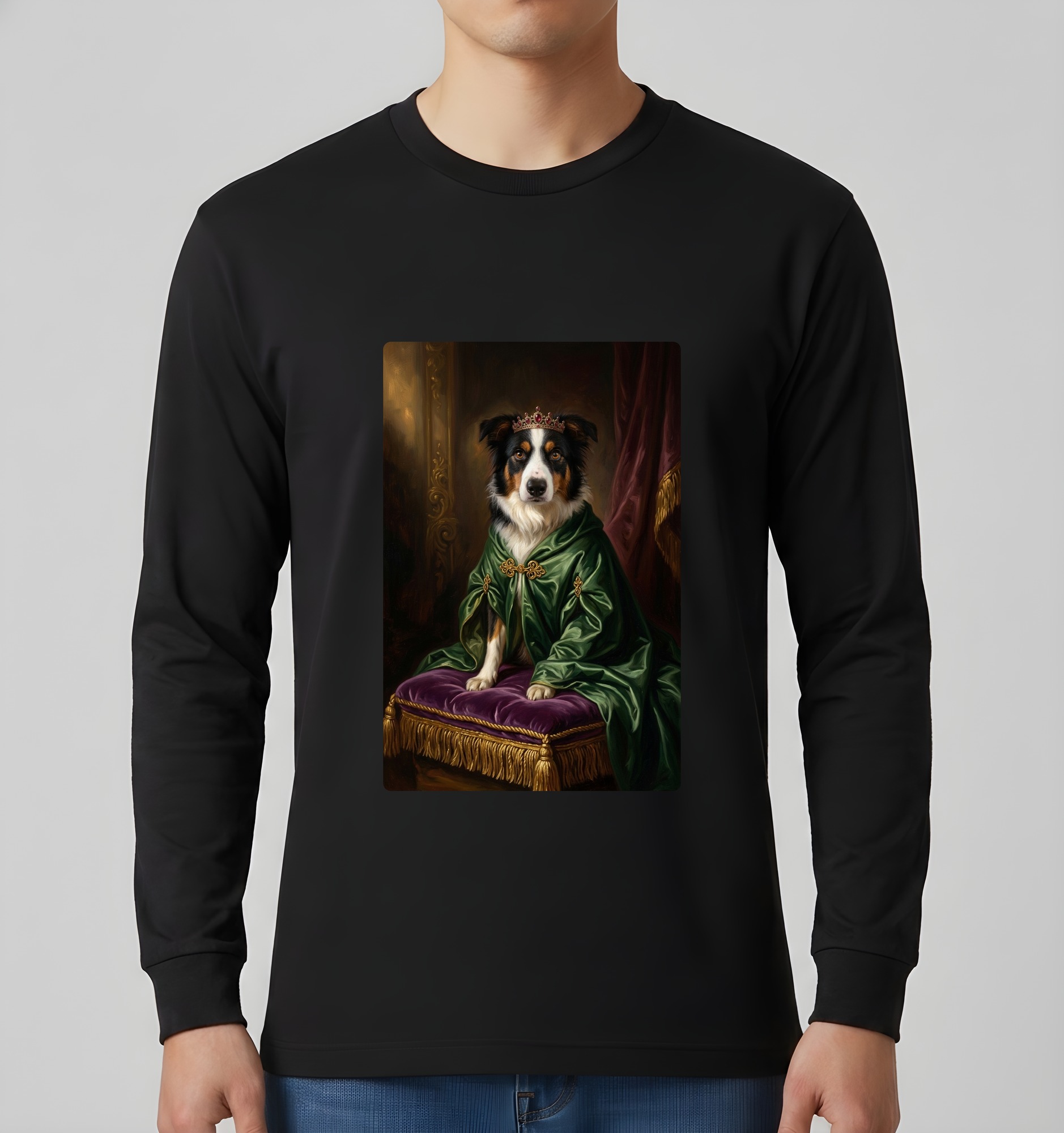 ボーダーコリーのルネサンス肖像画長袖Tシャツ（ブラック）（3枚目）