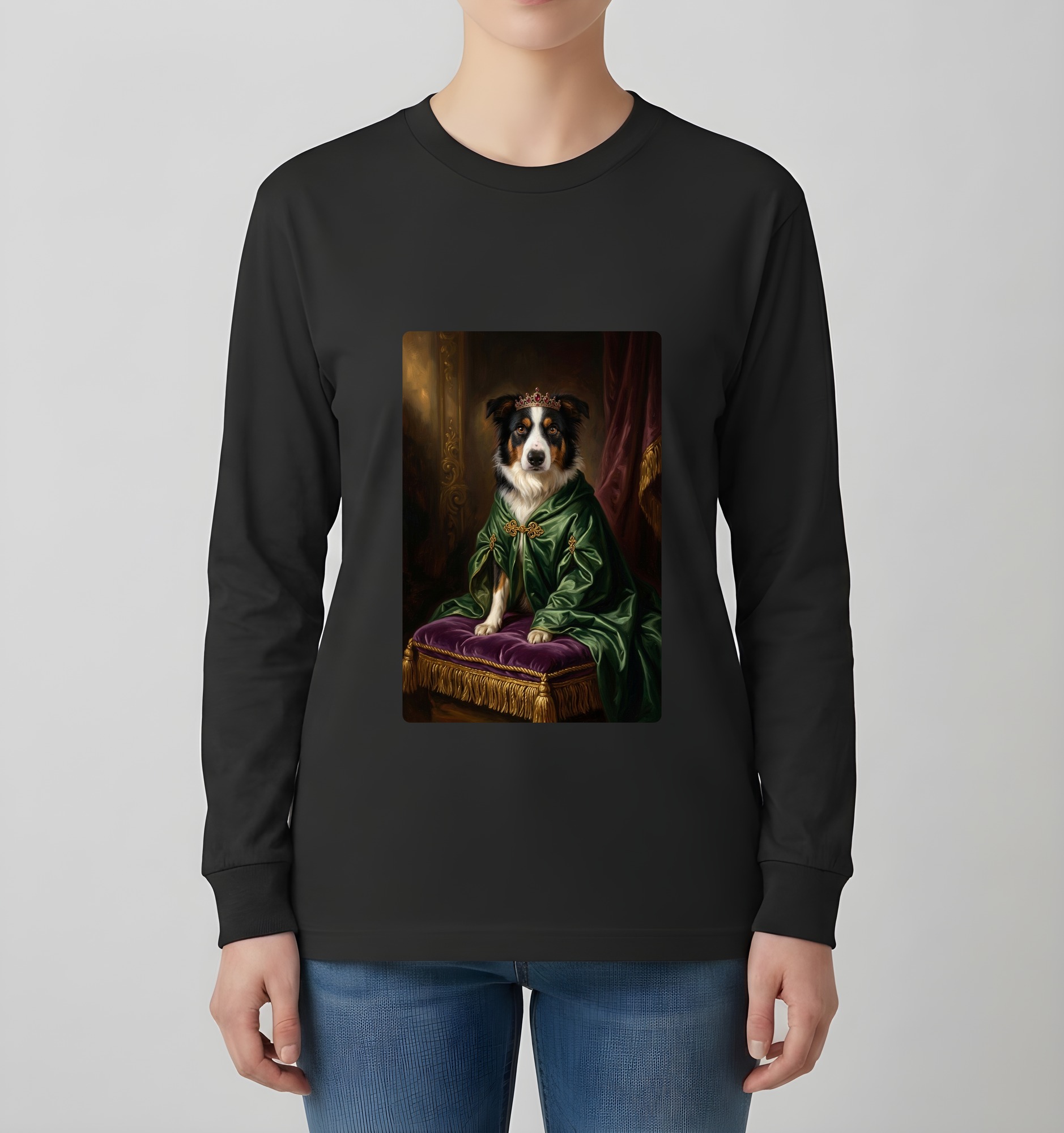 ボーダーコリーのルネサンス肖像画長袖Tシャツ（ブラック）（4枚目）