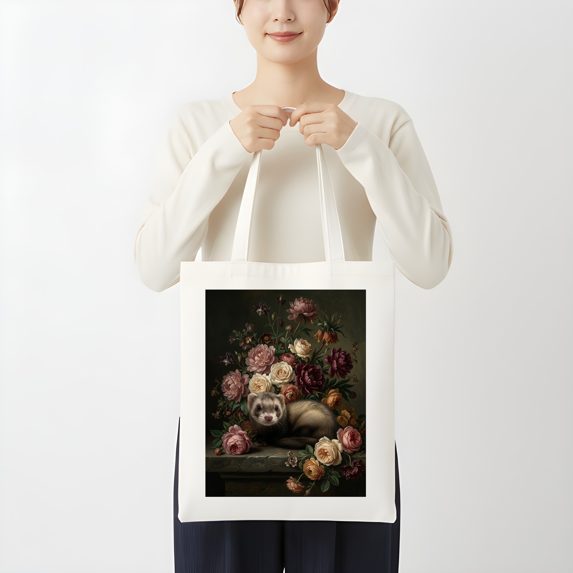 シルバーマーチンの花の油絵風アート花柄トートバッグ(3枚目)