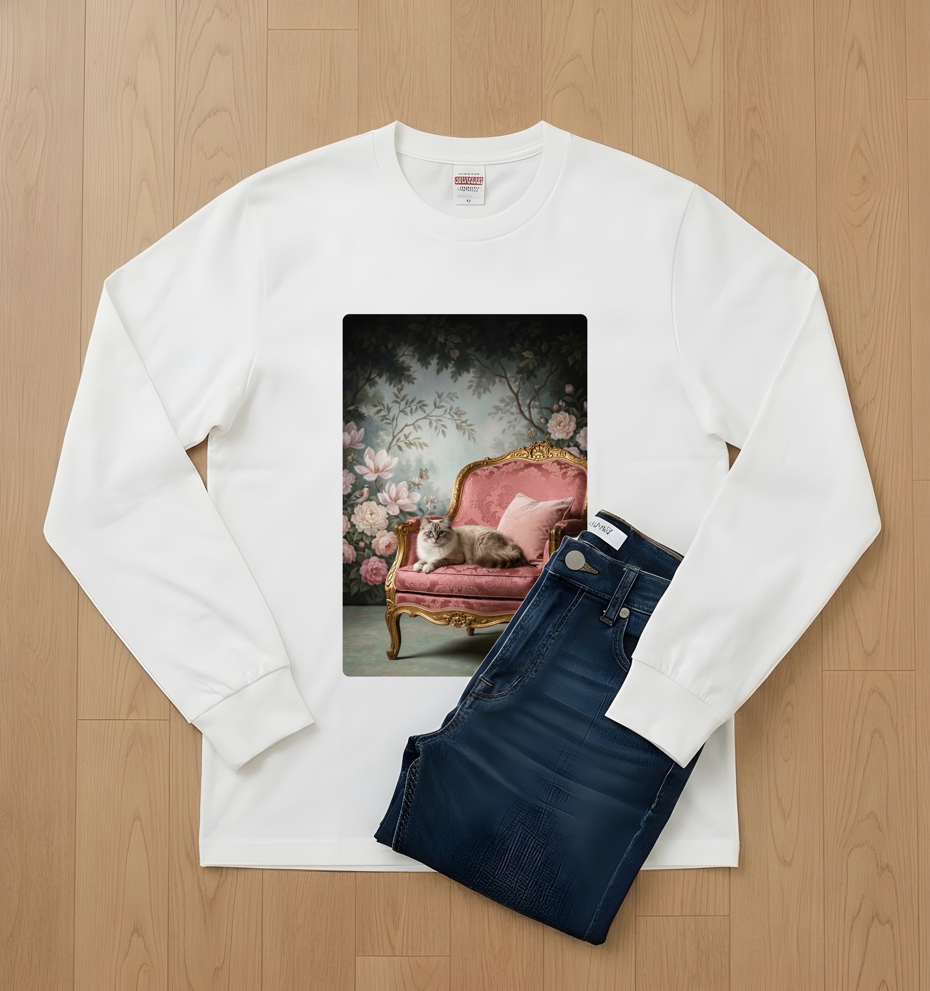 バーマンのシャビーピンクの油絵風アートロココ調長袖Tシャツ(ホワイト)(2枚目)