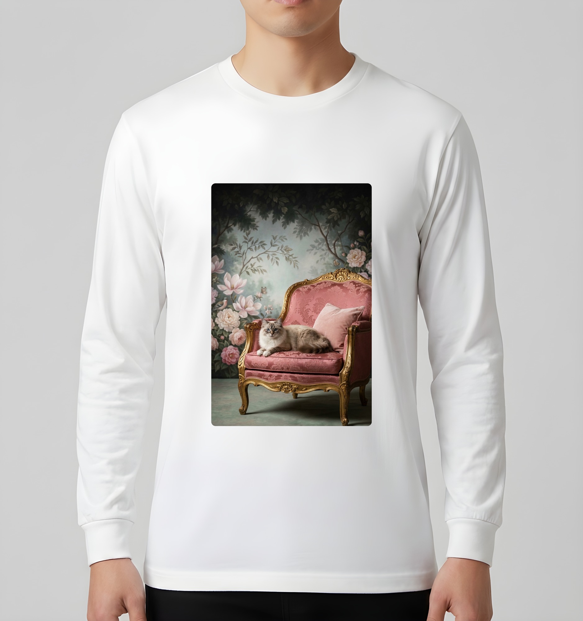 バーマンのシャビーピンクの油絵風アートロココ調長袖Tシャツ(ホワイト)(3枚目)