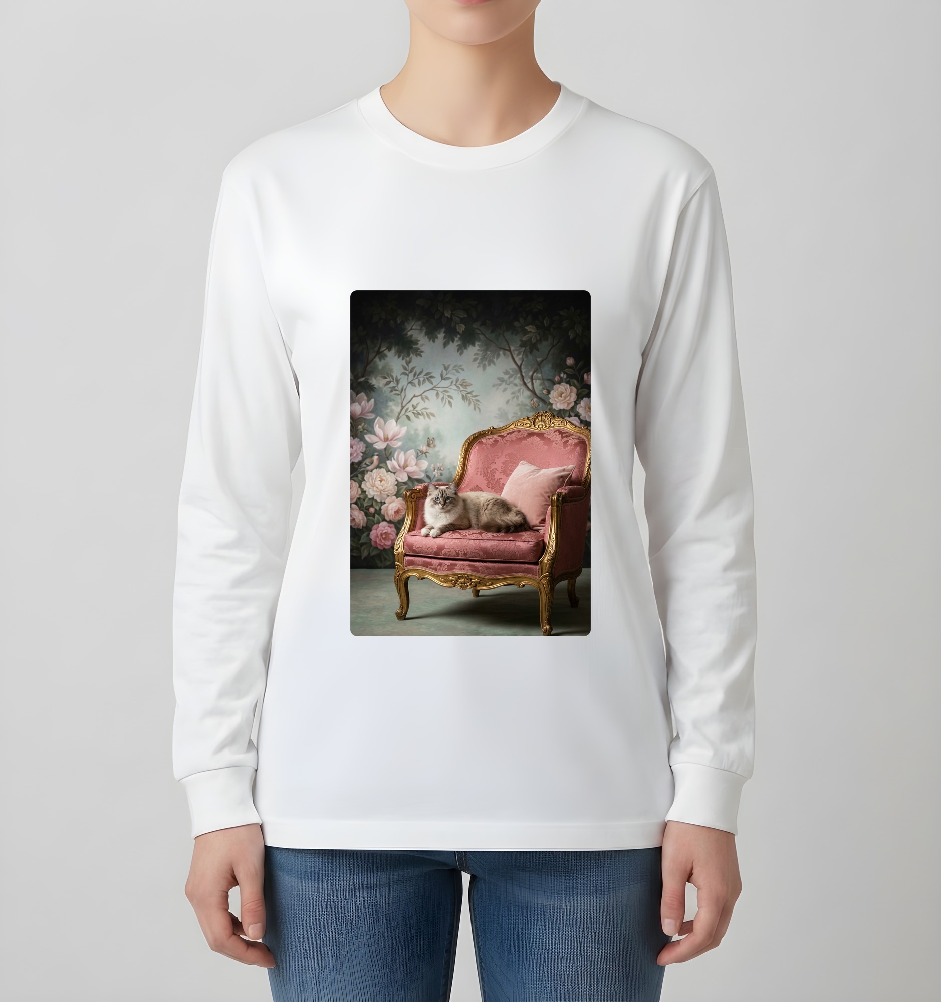 バーマンのシャビーピンクの油絵風アートロココ調長袖Tシャツ(ホワイト)(4枚目)