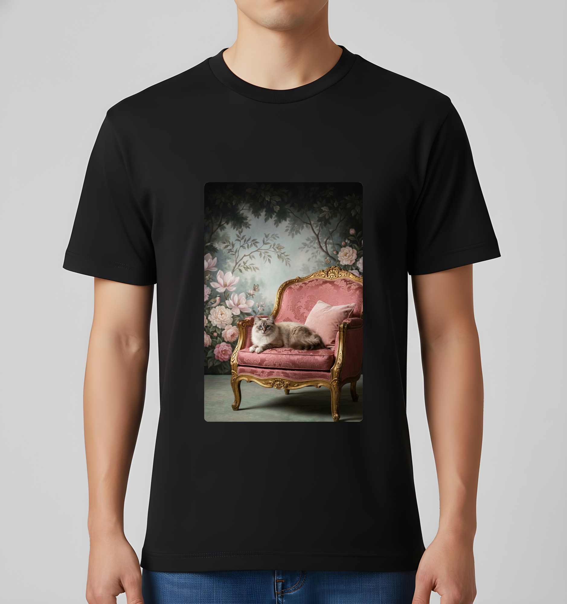 バーマンのシャビーピンクの油絵風アートロココ調Tシャツ(ブラック)(3枚目)