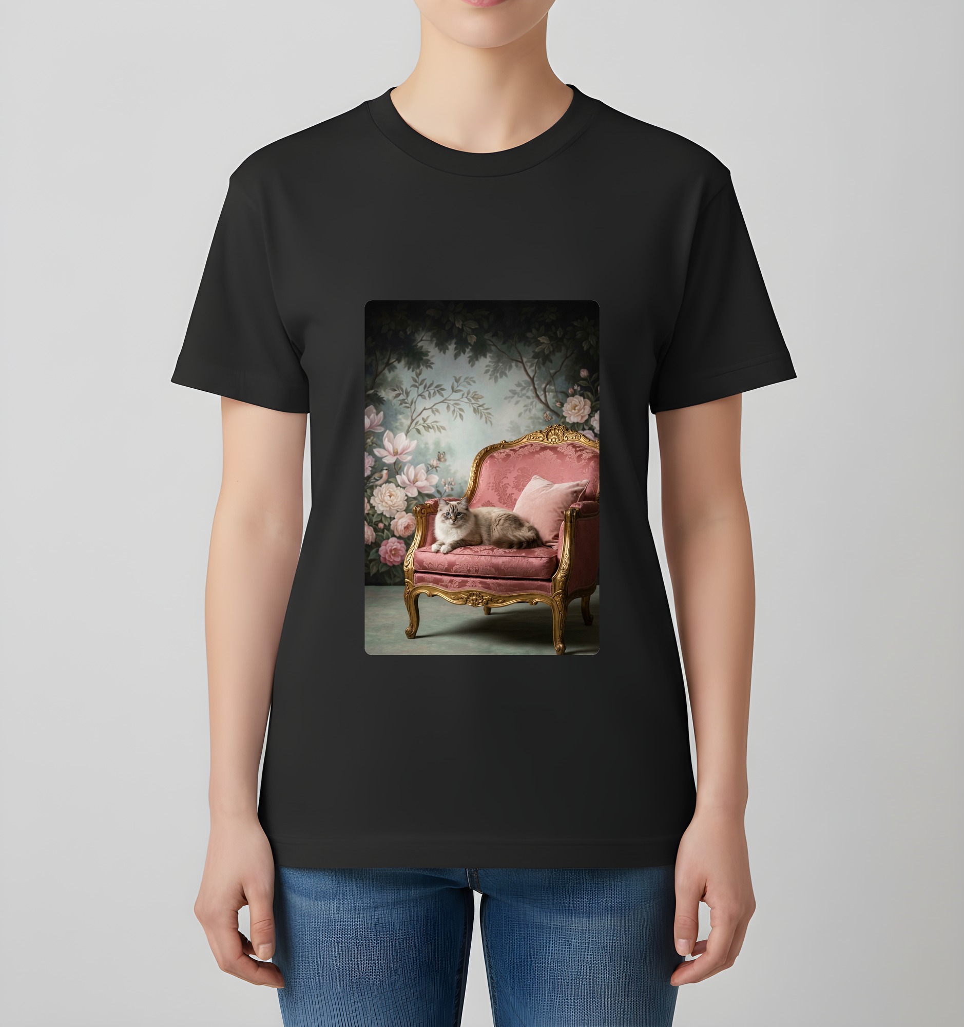 バーマンのシャビーピンクの油絵風アートロココ調Tシャツ(ブラック)(4枚目)