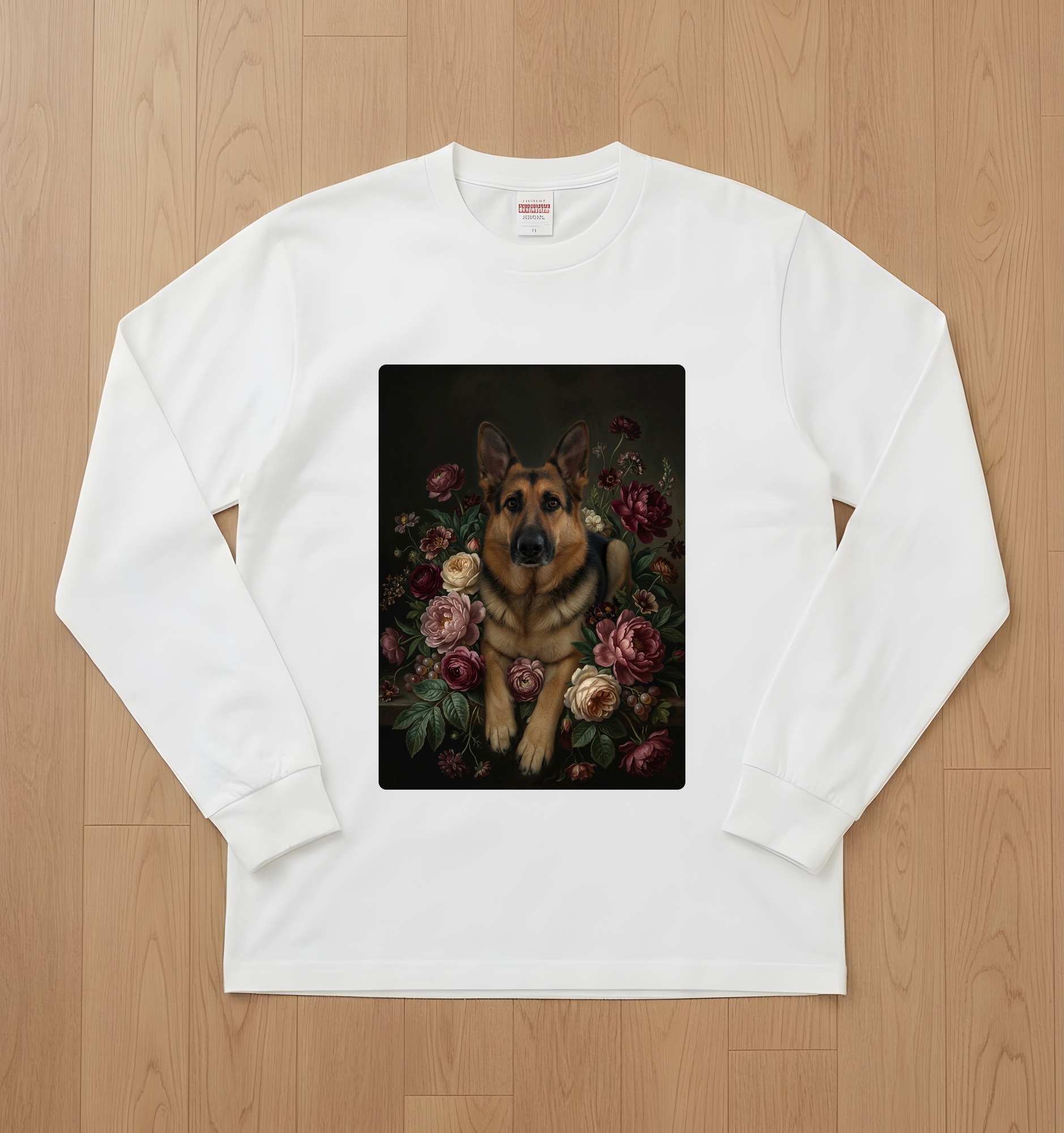 ジャーマンシェパードの花の油絵風アート花柄長袖Tシャツ(ホワイト)