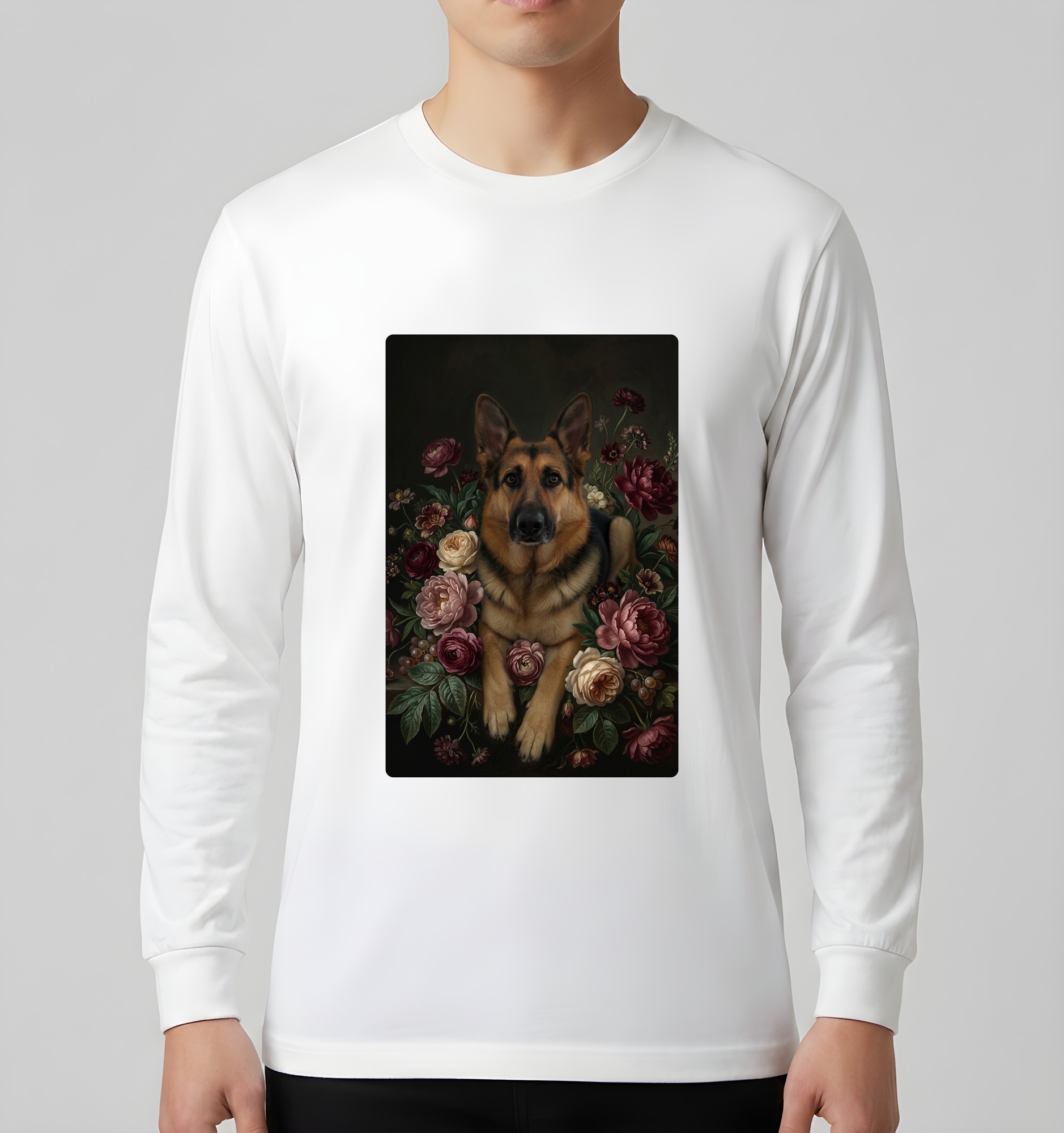 ジャーマンシェパードの花の油絵風アート花柄長袖Tシャツ(ホワイト)(3枚目)