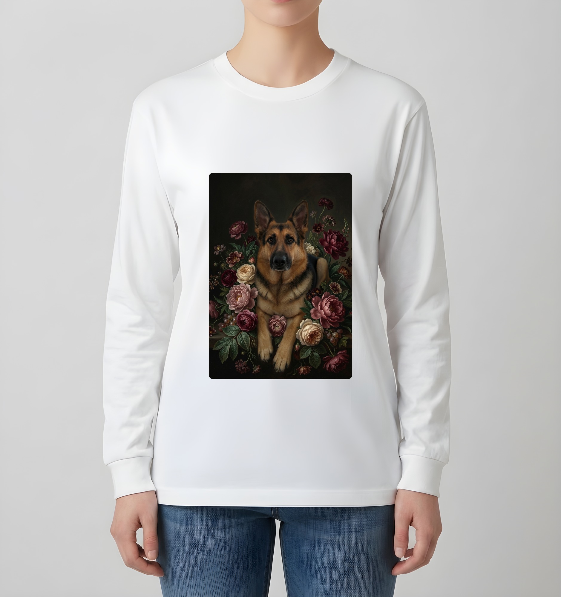 ジャーマンシェパードの花の油絵風アート花柄長袖Tシャツ(ホワイト)(4枚目)