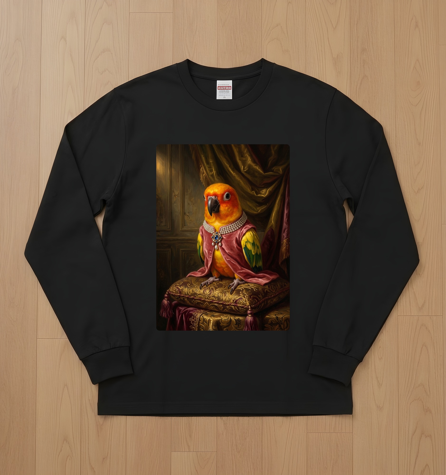 コガネメキシコインコのルネサンス肖像画長袖Tシャツ(ブラック)