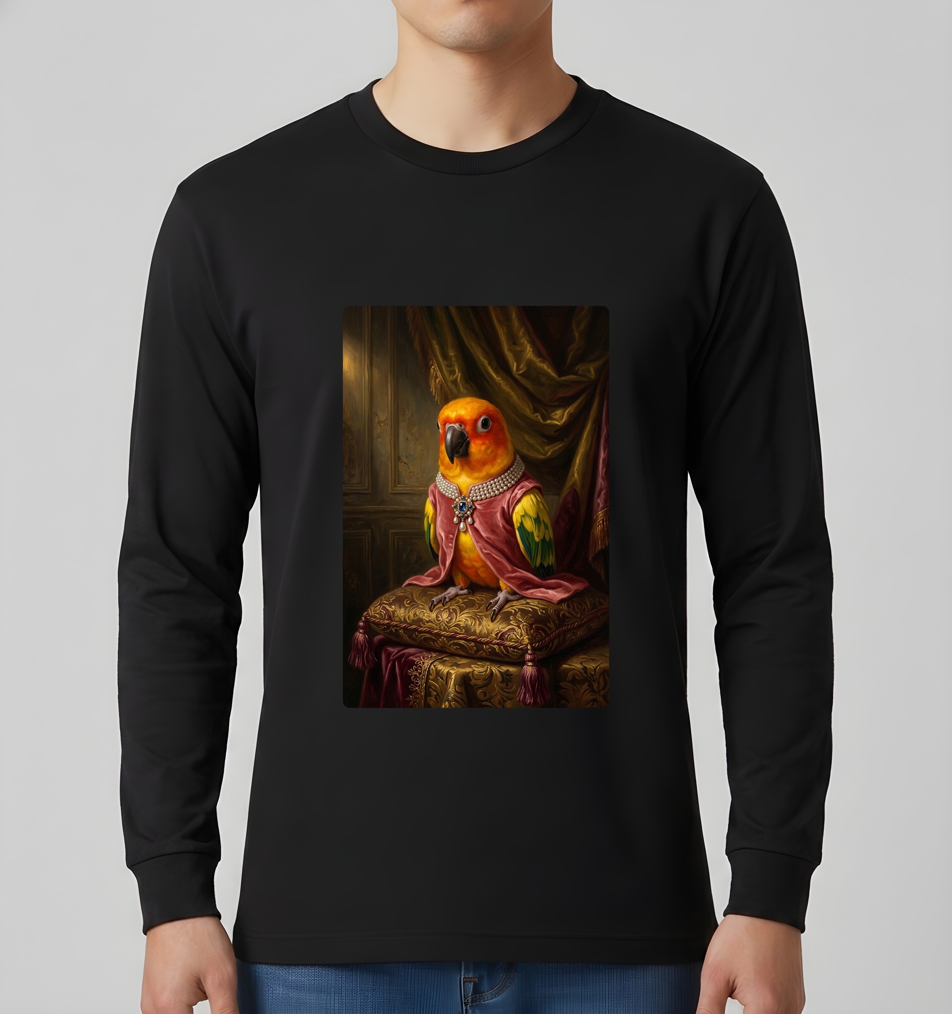 コガネメキシコインコのルネサンス肖像画長袖Tシャツ（ブラック）（3枚目）