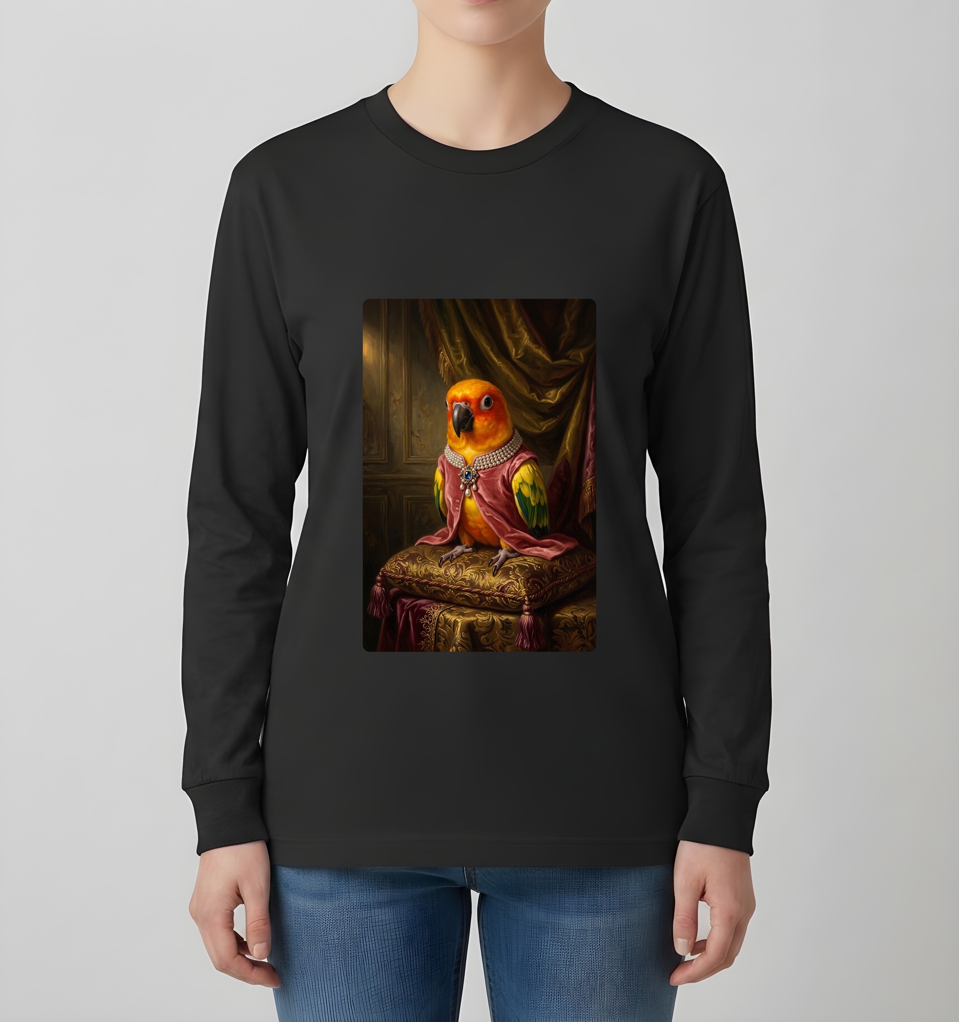 コガネメキシコインコのルネサンス肖像画長袖Tシャツ（ブラック）（4枚目）