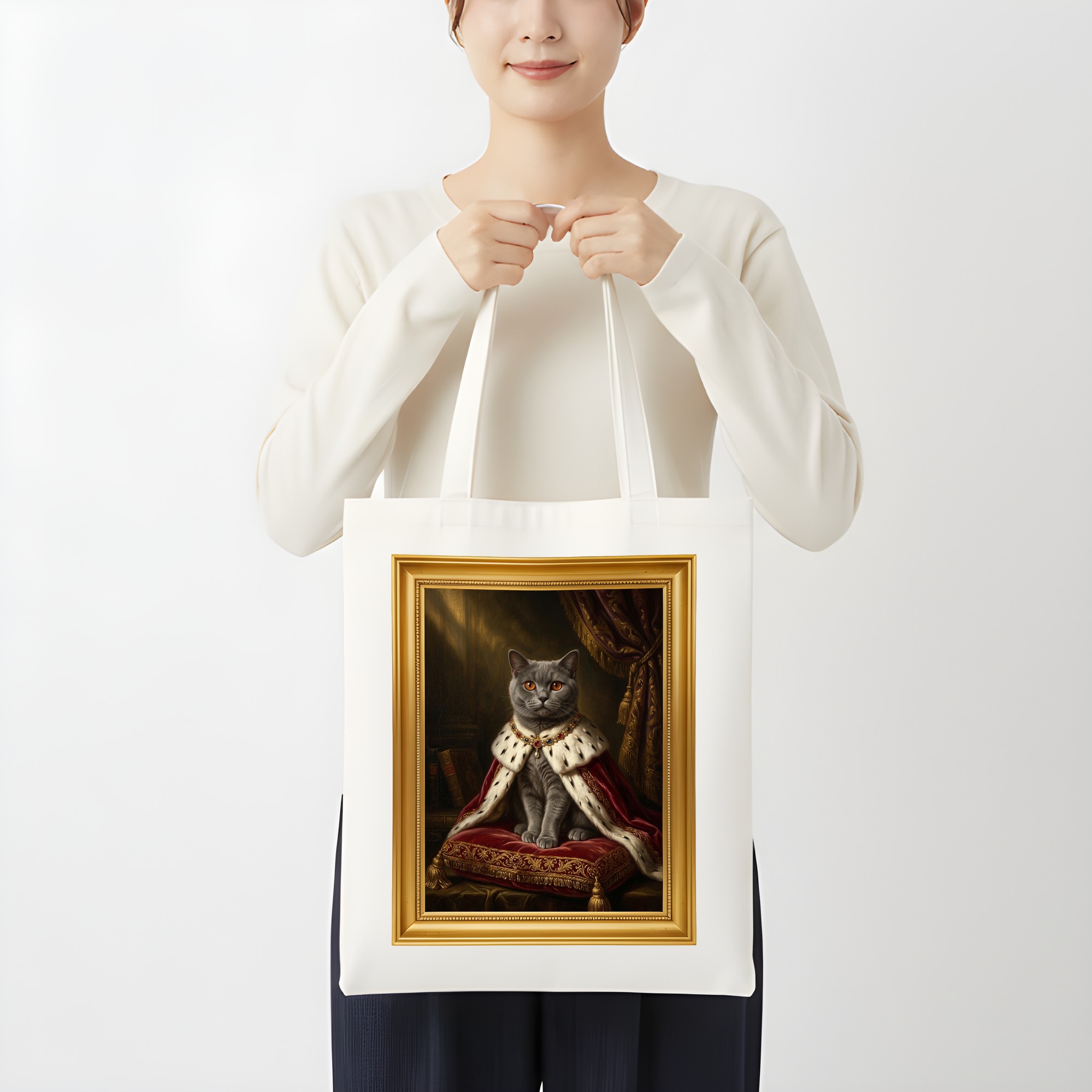 ブリティッシュショートヘアのルネサンス肖像画トートバッグ（カラープリント・額縁デザインあり）（3枚目）