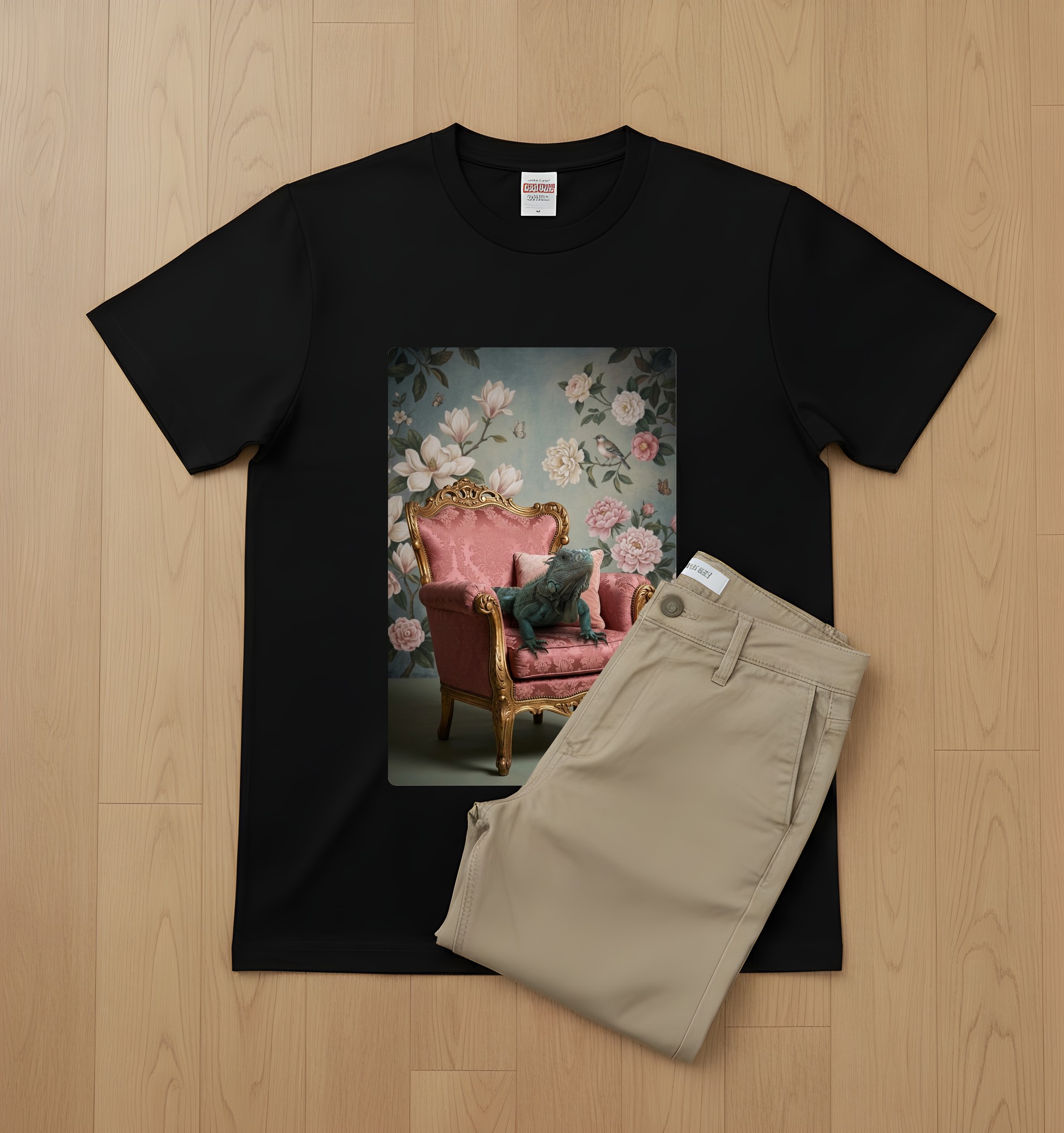 ブルーイグアナのシャビーピンクの油絵風アートロココ調Tシャツ（ブラック）（2枚目）