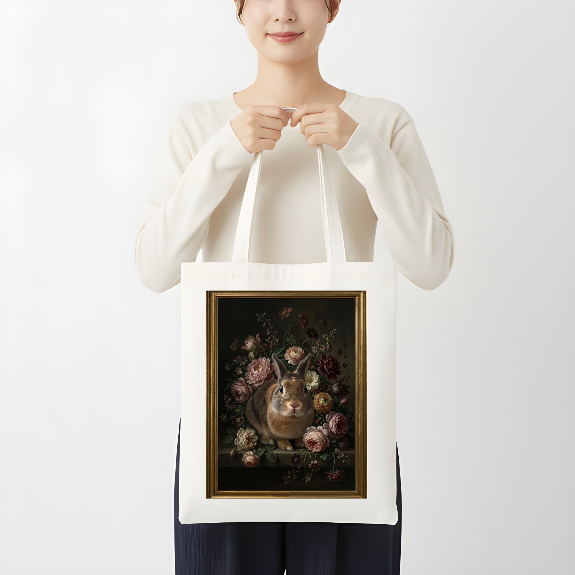うさぎの花の油絵風アート花柄トートバッグ（3枚目）