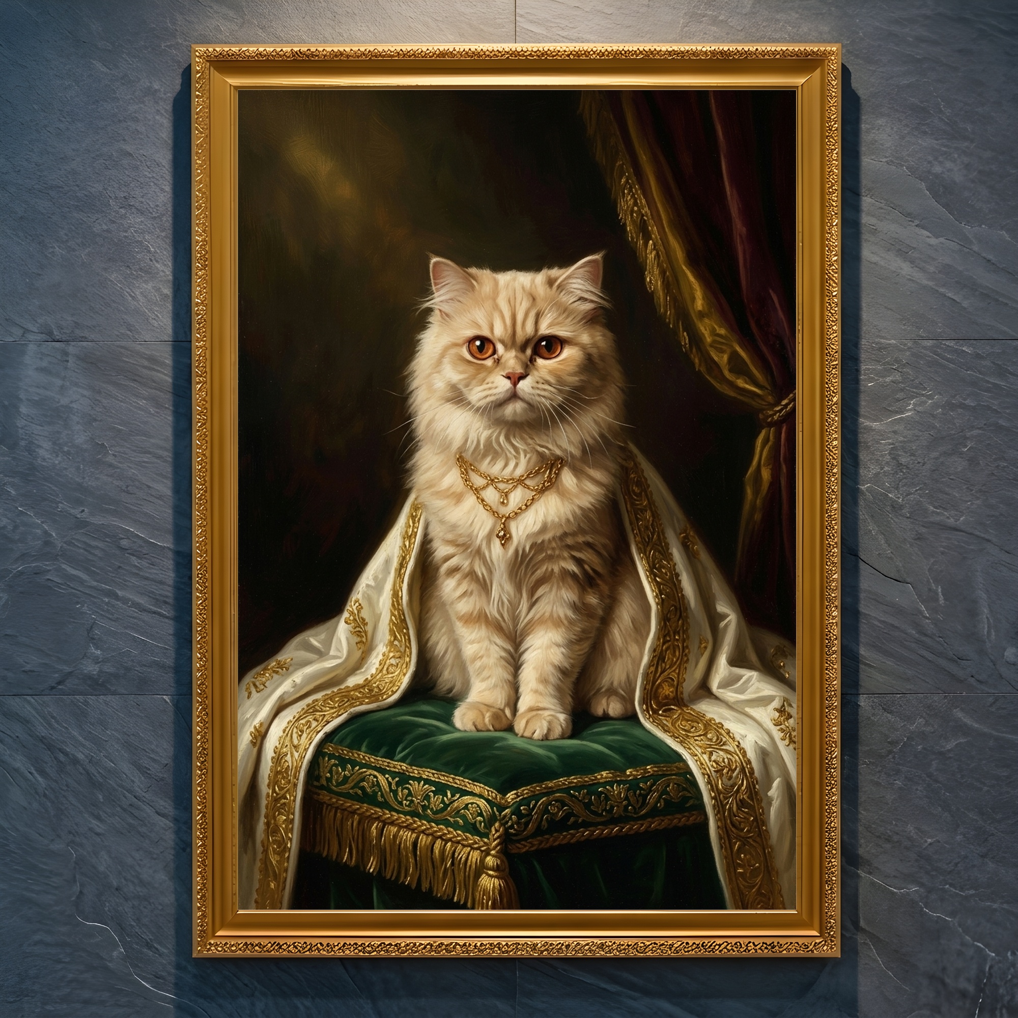 ペルシャ猫のルネサンス肖像画額装プリント(A4金縁)
