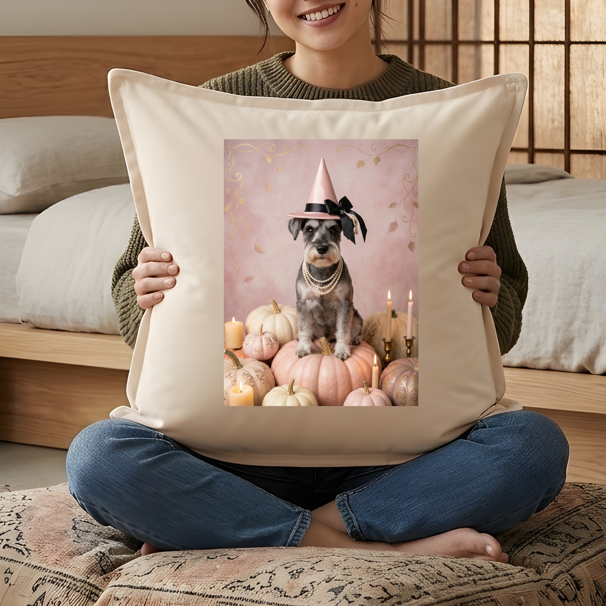 ミニチュアシュナウザーのかぼちゃとキャンドルの油絵風アートハロウィンクッション（3枚目）