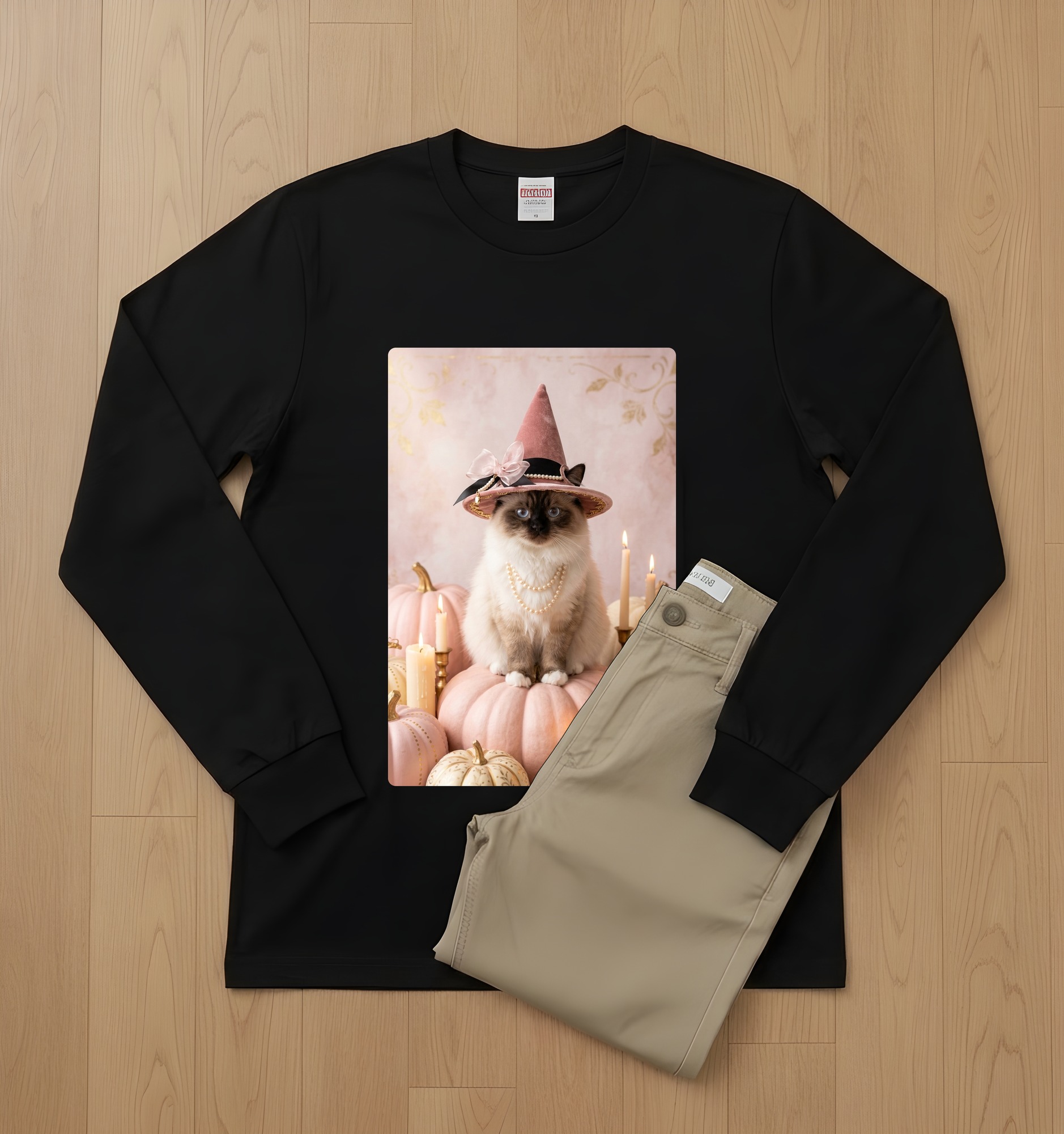 ヒマラヤンのかぼちゃとキャンドルの油絵風アートハロウィン長袖Tシャツ(ブラック)(2枚目)