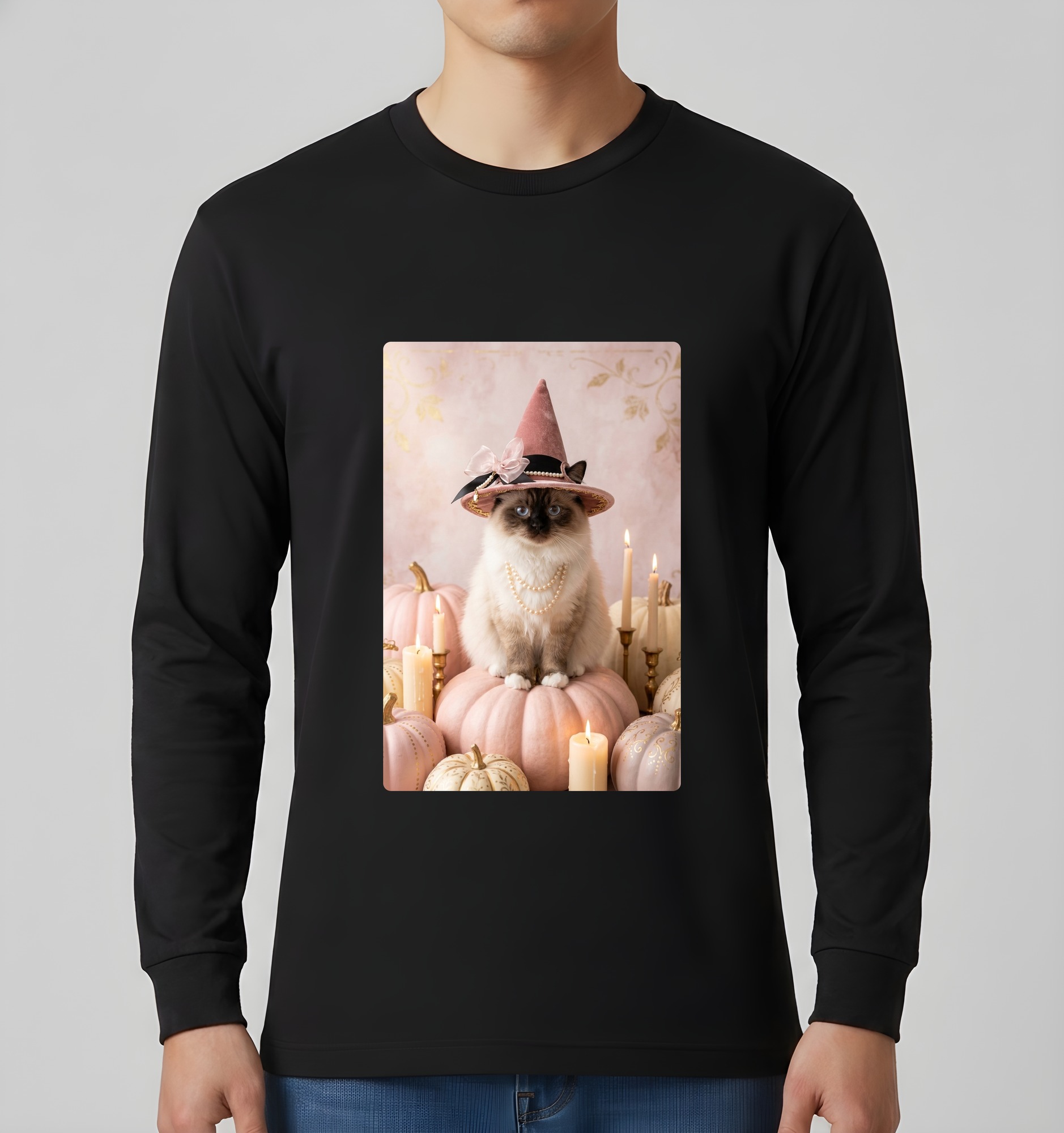 ヒマラヤンのかぼちゃとキャンドルの油絵風アートハロウィン長袖Tシャツ(ブラック)(3枚目)