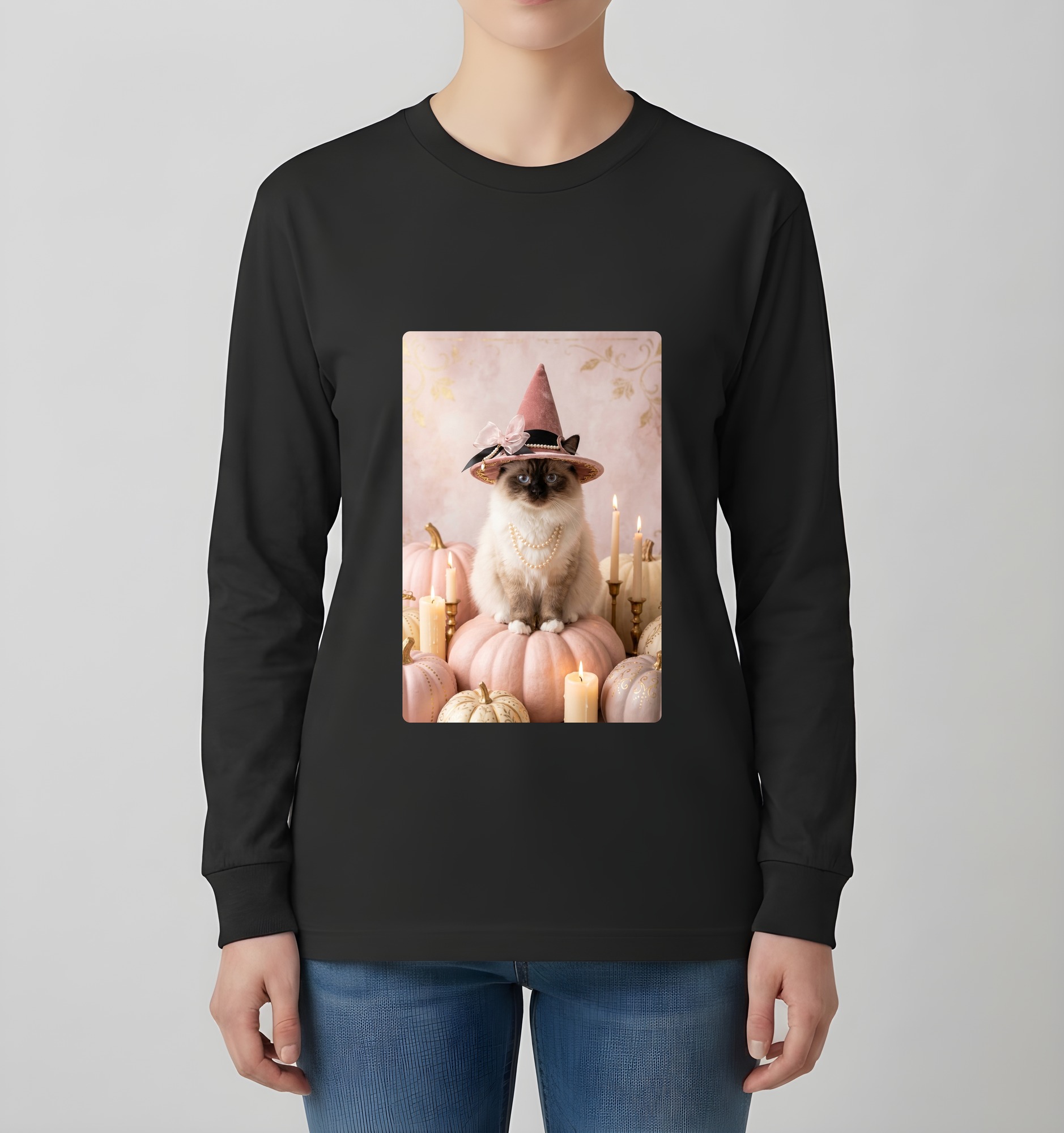 ヒマラヤンのかぼちゃとキャンドルの油絵風アートハロウィン長袖Tシャツ(ブラック)(4枚目)