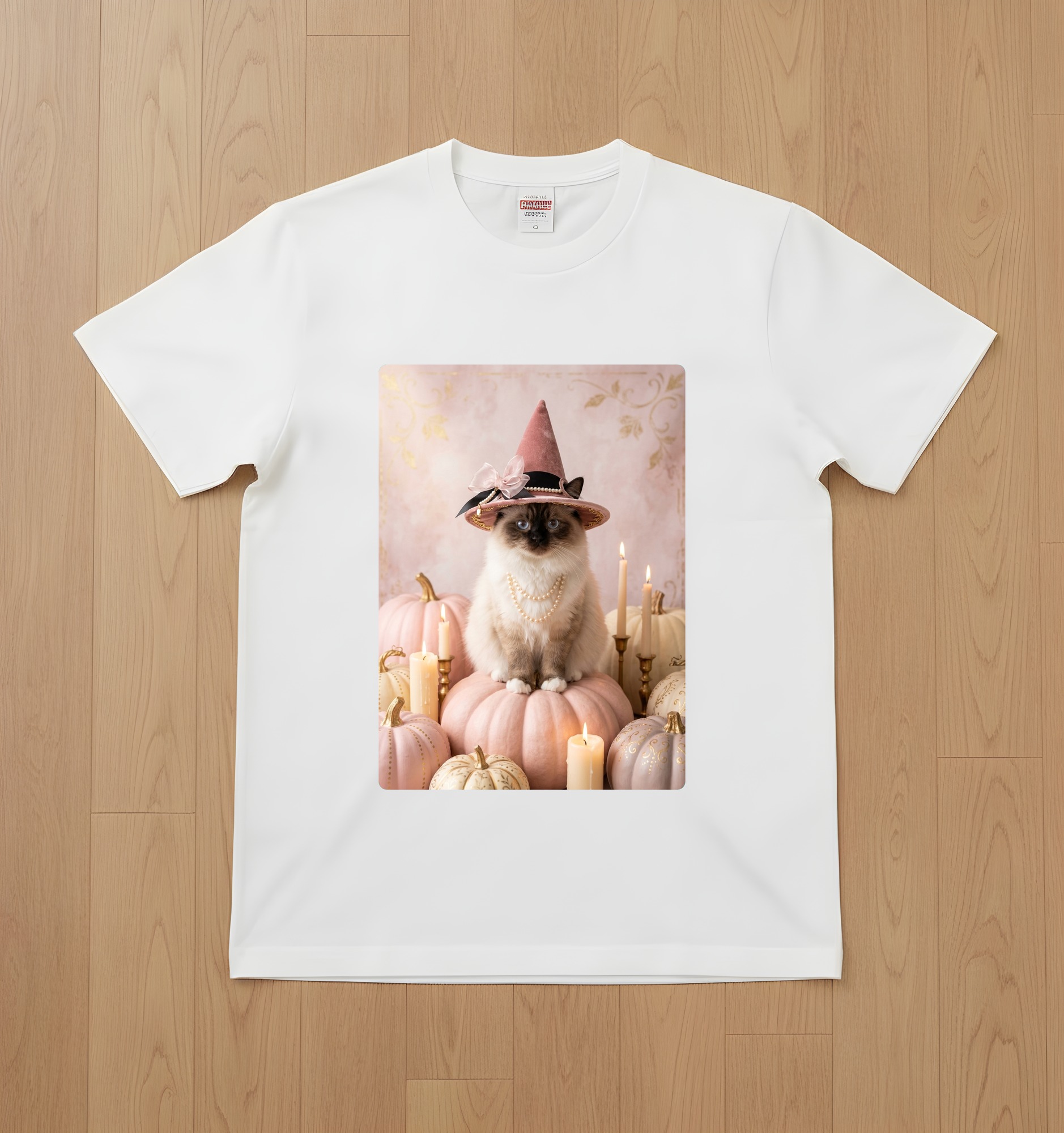ヒマラヤンのかぼちゃとキャンドルの油絵風アートハロウィンTシャツ(ホワイト)