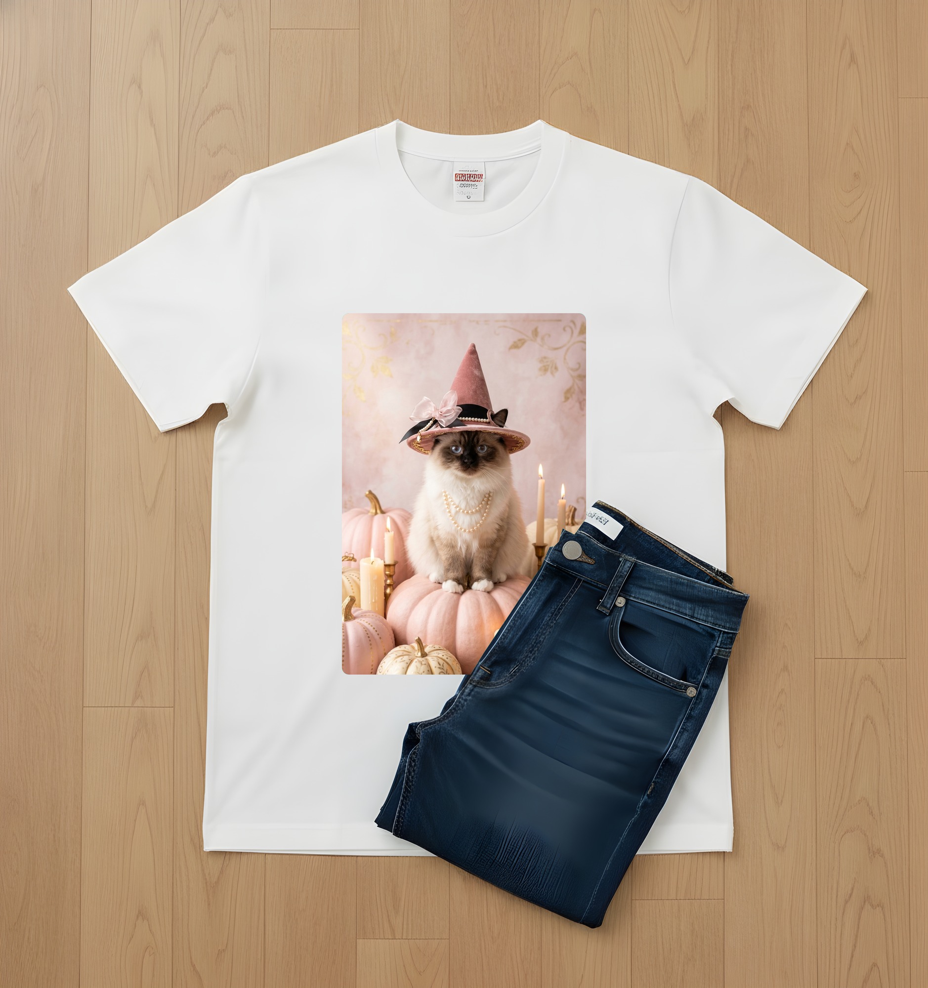ヒマラヤンのかぼちゃとキャンドルの油絵風アートハロウィンTシャツ(ホワイト)(2枚目)