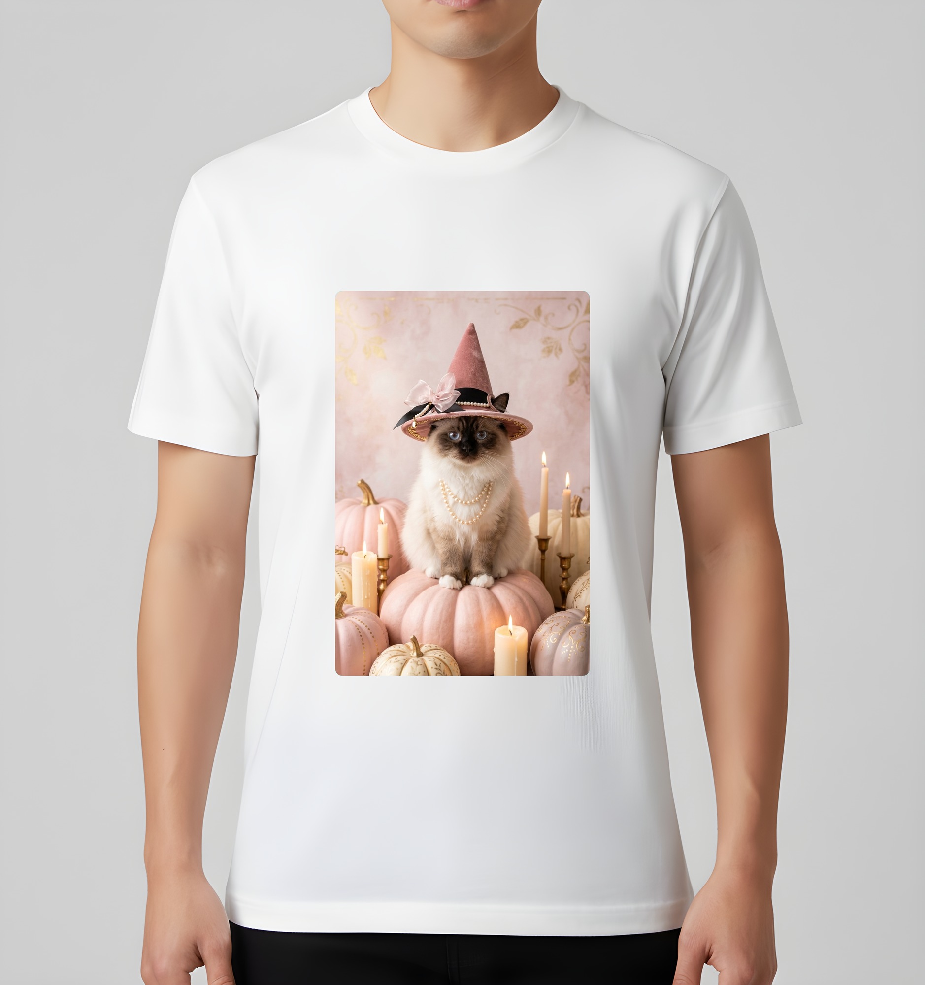 ヒマラヤンのかぼちゃとキャンドルの油絵風アートハロウィンTシャツ(ホワイト)(3枚目)