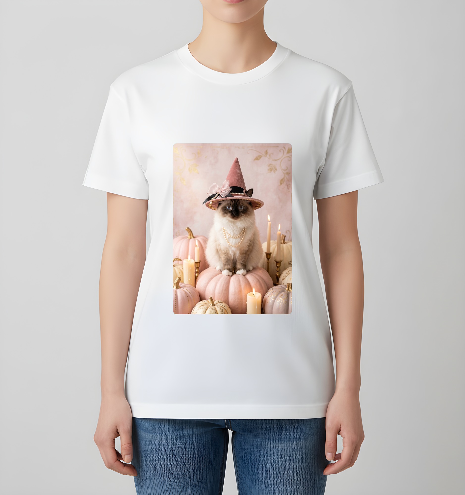 ヒマラヤンのかぼちゃとキャンドルの油絵風アートハロウィンTシャツ(ホワイト)(4枚目)