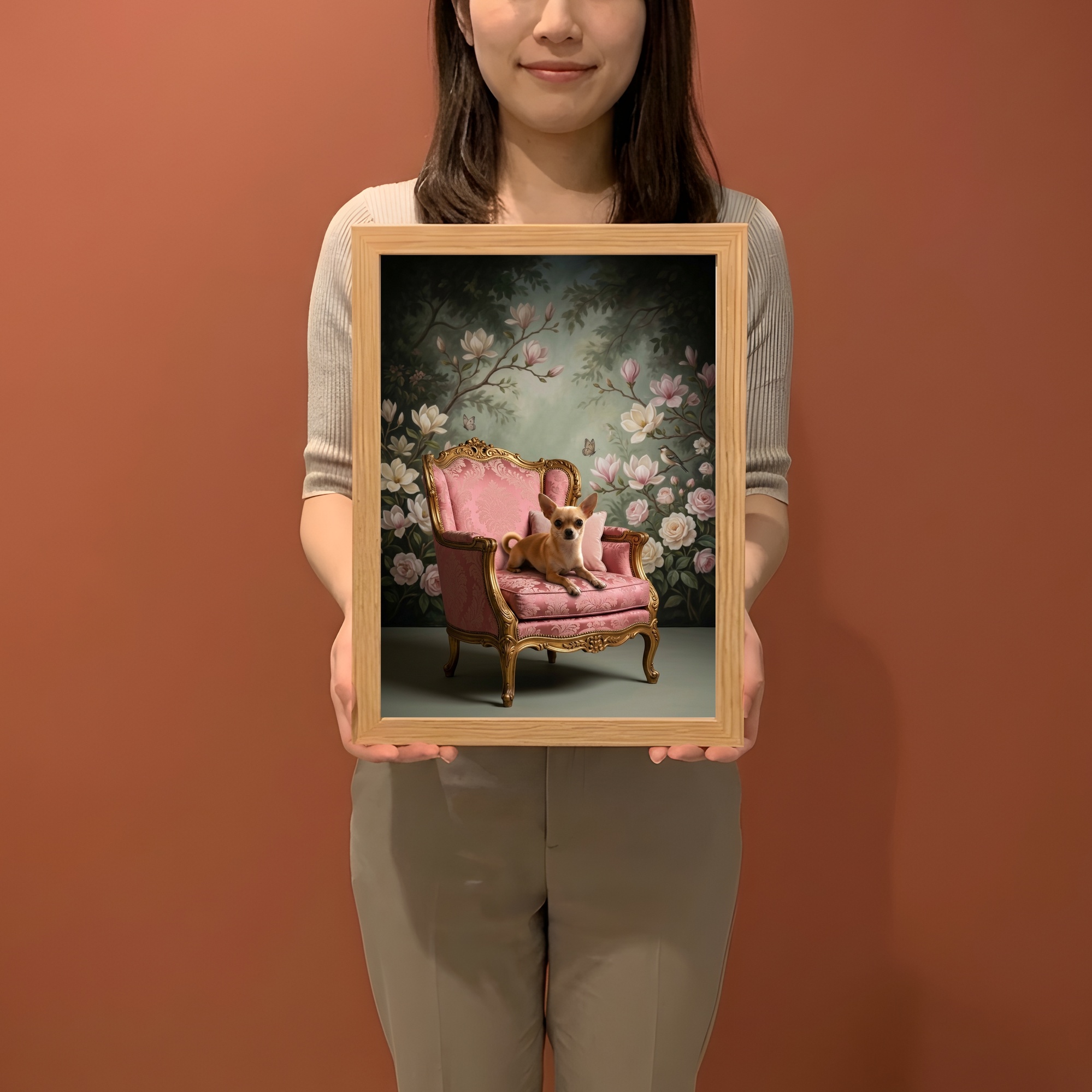 チワワのシャビーピンクの油絵風アートロココ調額装プリント（A4サイズ）（2枚目）