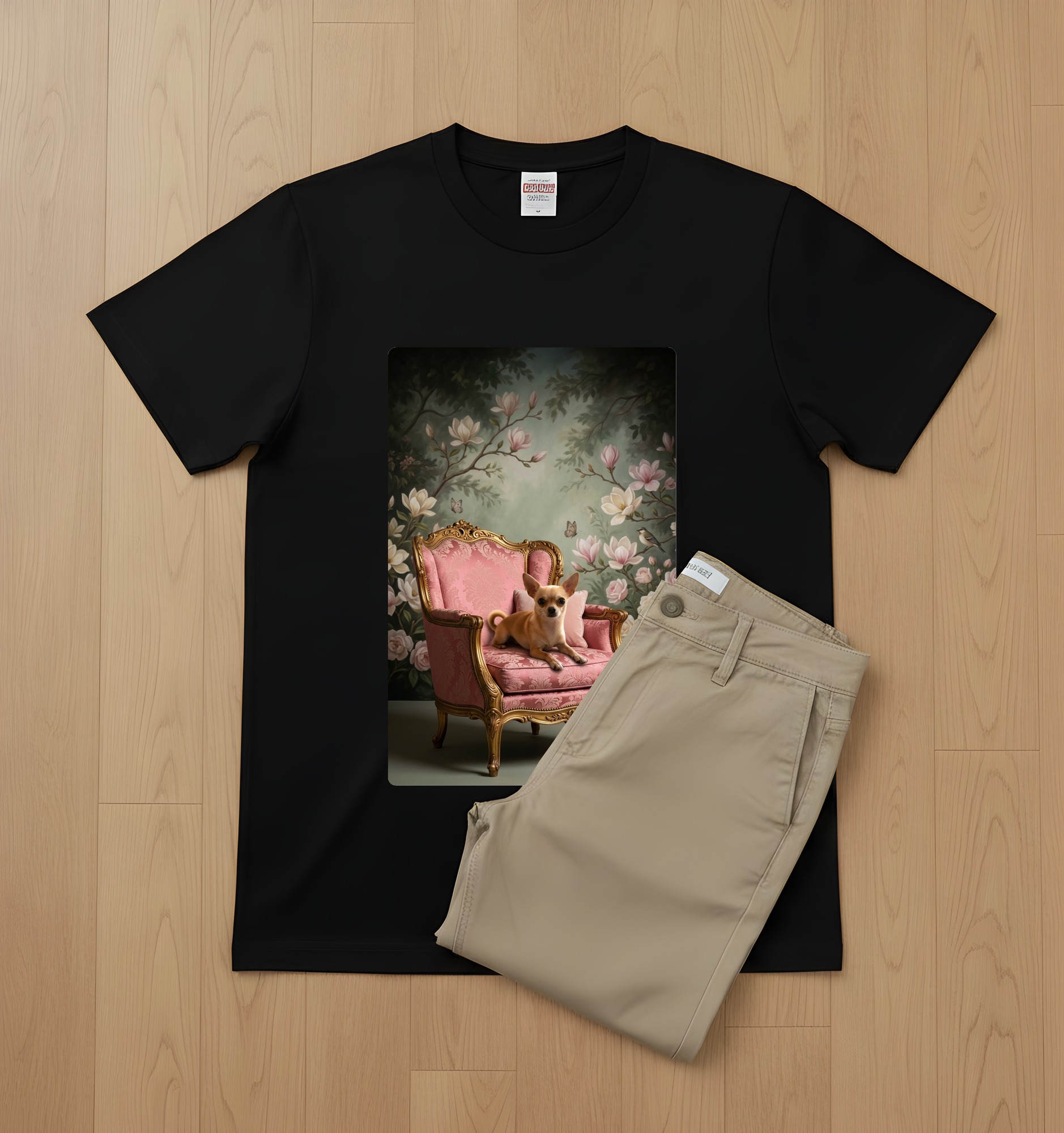 チワワのシャビーピンクの油絵風アートロココ調Tシャツ(ブラック)(2枚目)