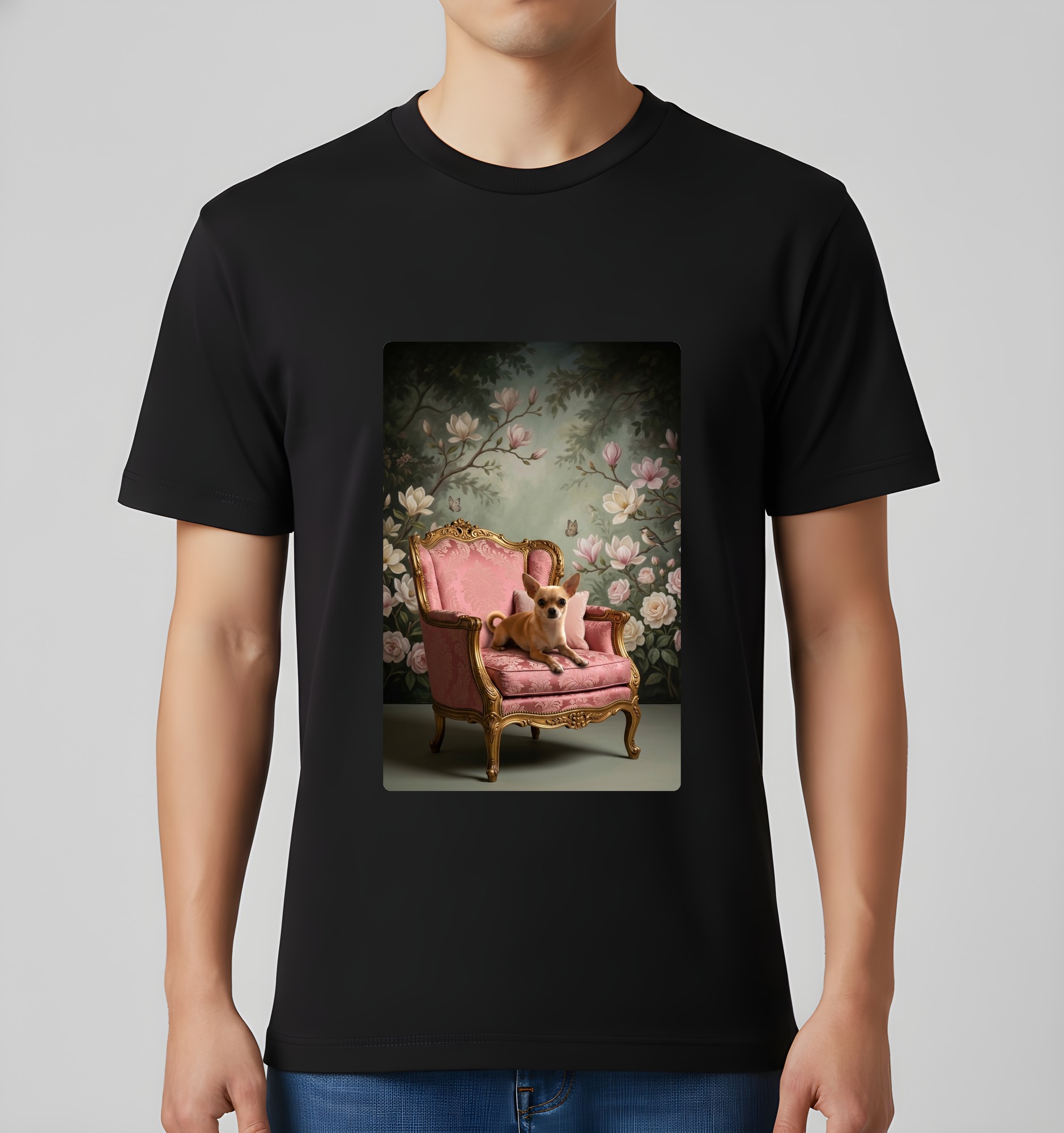 チワワのシャビーピンクの油絵風アートロココ調Tシャツ(ブラック)(3枚目)