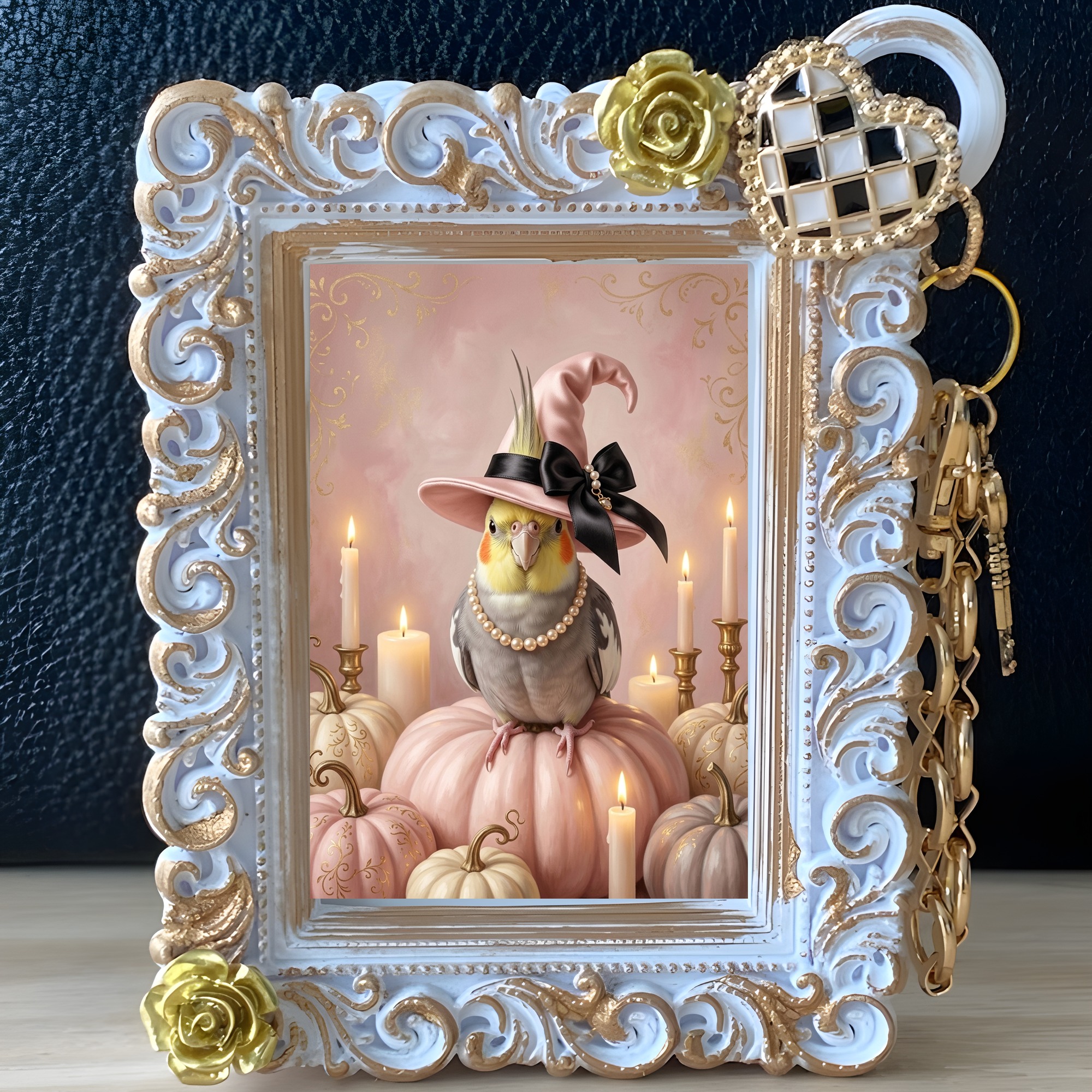 オカメインコのかぼちゃとキャンドルの油絵風アートハロウィンバッグチャーム(ホワイト)(2枚目)